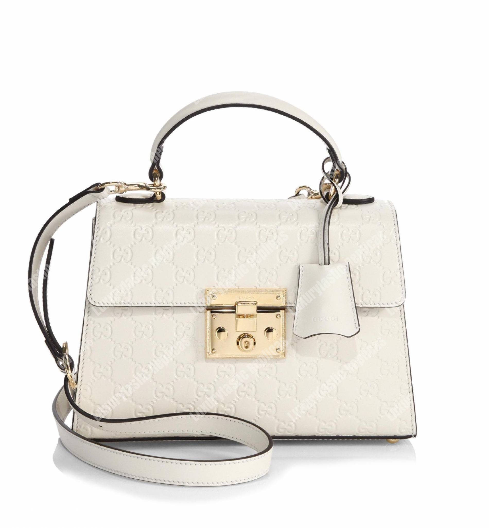 G*u*i padlock small signature top handle bag white