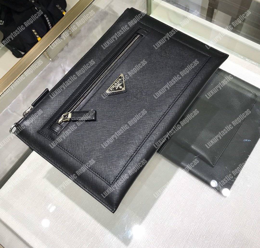 Pra*a saffiano leather pouch with top zip black