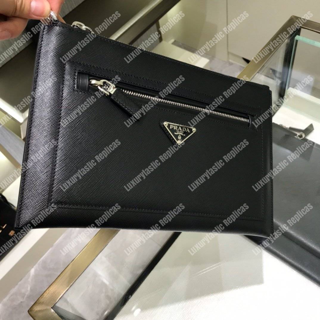 Pra*a saffiano leather pouch with top zip black