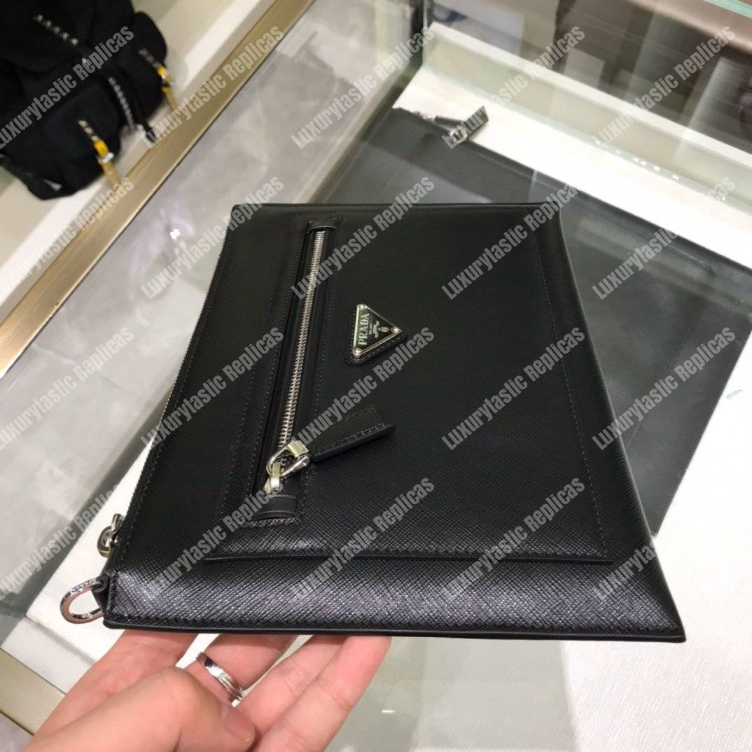Pra*a saffiano leather pouch with top zip black