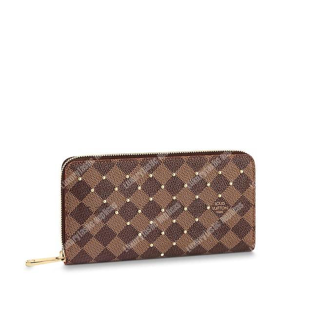 LV Zippy Wallet Damier Ebene Gold Studs