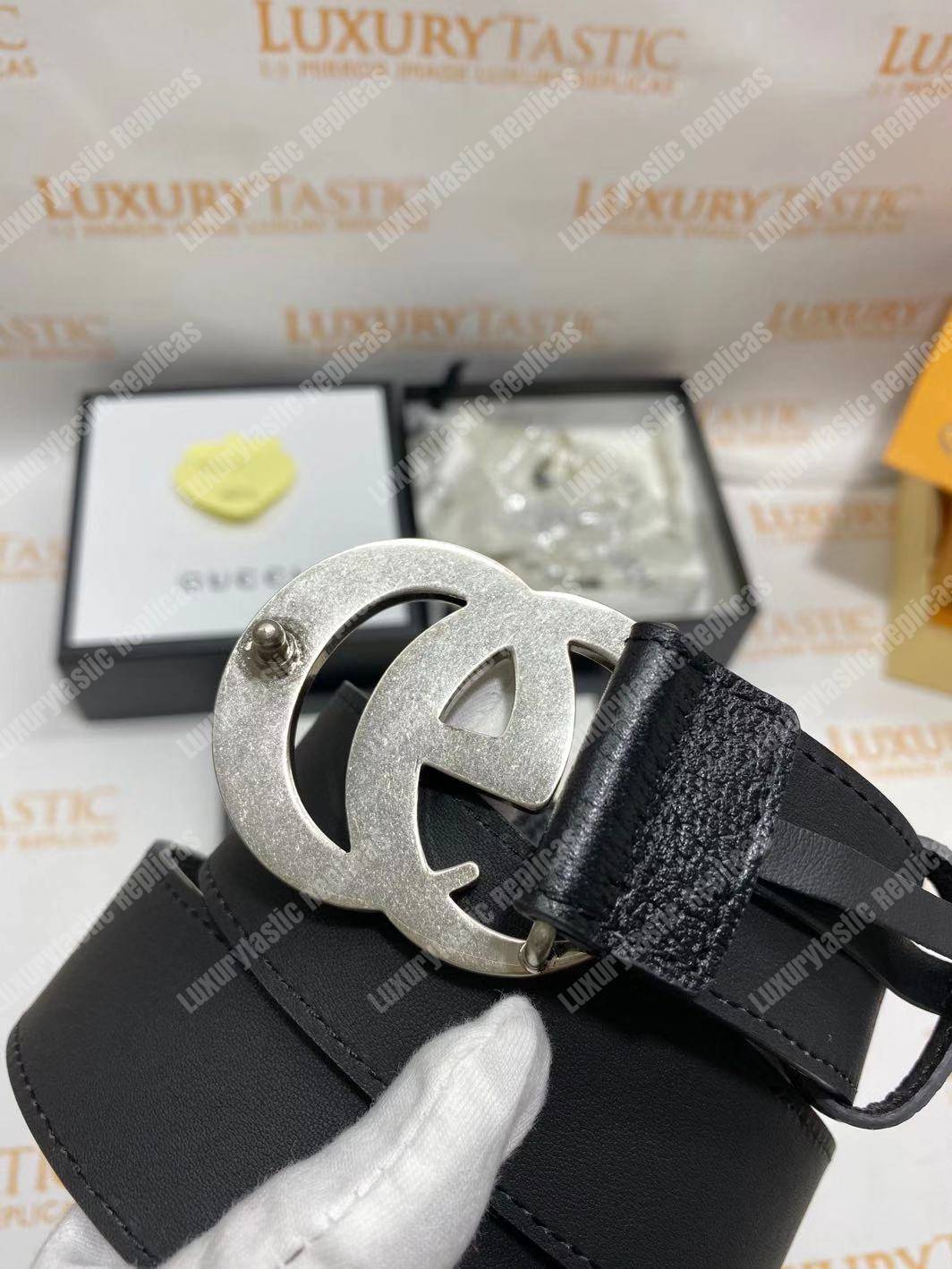 G*u*i leather belt with silver double g buckle