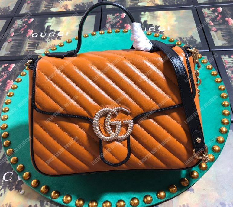 G*u*i gg marmont small top handle bag cognac matelassé