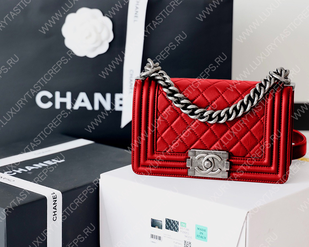 Ch*el boy handbag red metallic a67085