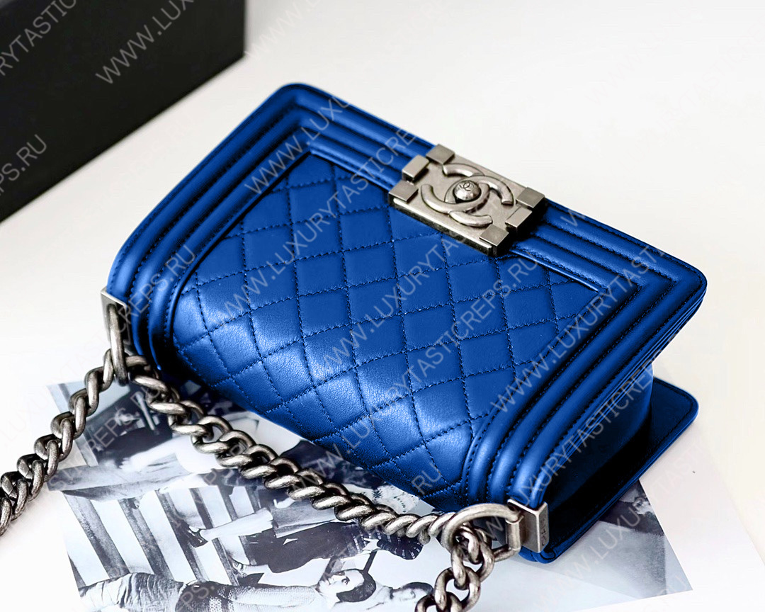 Ch*el boy handbag blue metallic a67085