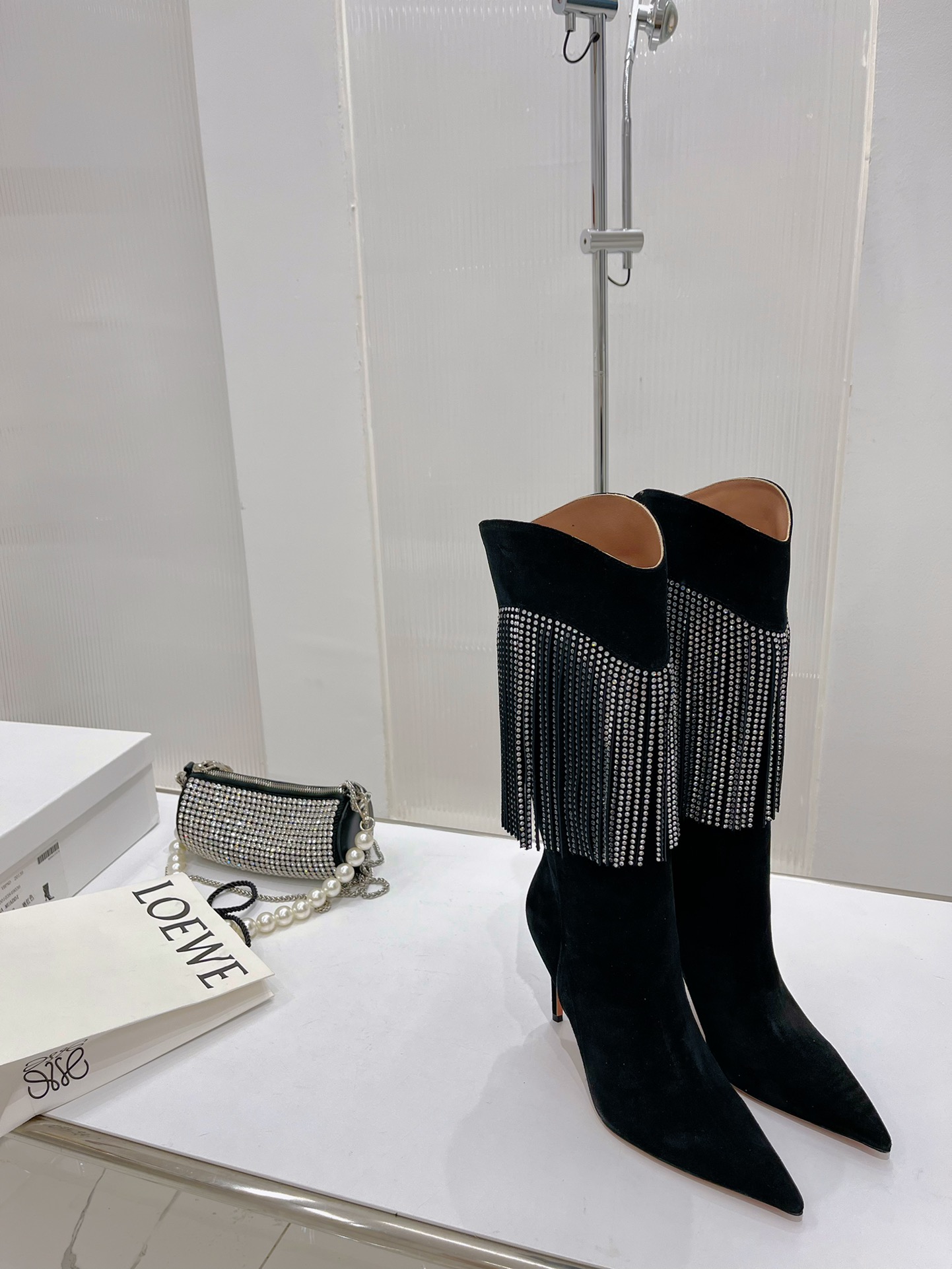 AMINA MUADDI LILY CRYSTAL-FRINGE CALF BOOTS BLACK AM5020