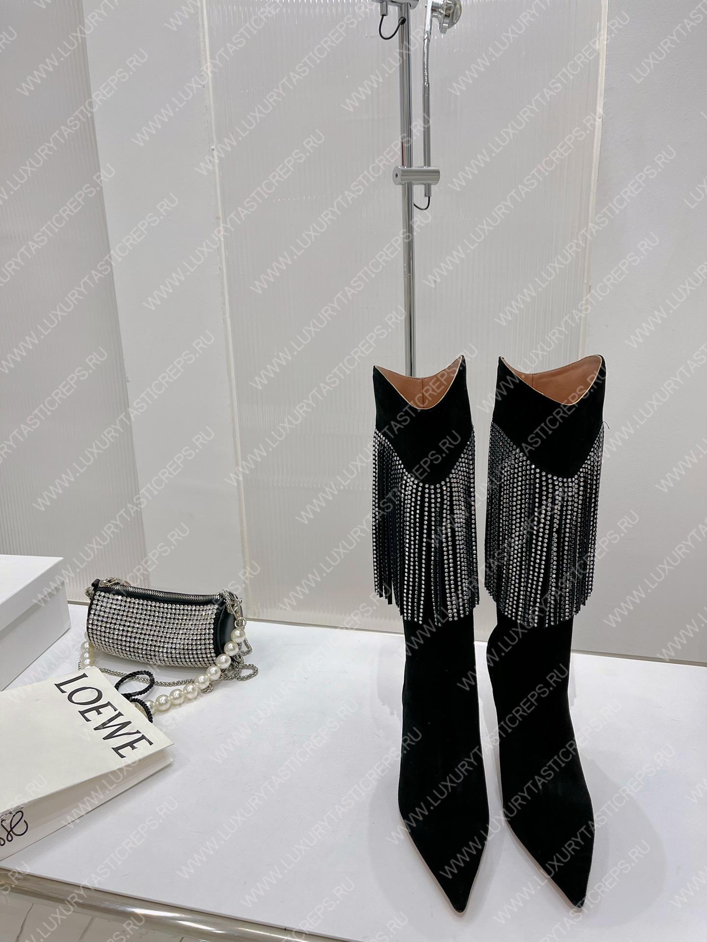 AMINA MUADDI LILY CRYSTAL-FRINGE CALF BOOTS BLACK AM5020