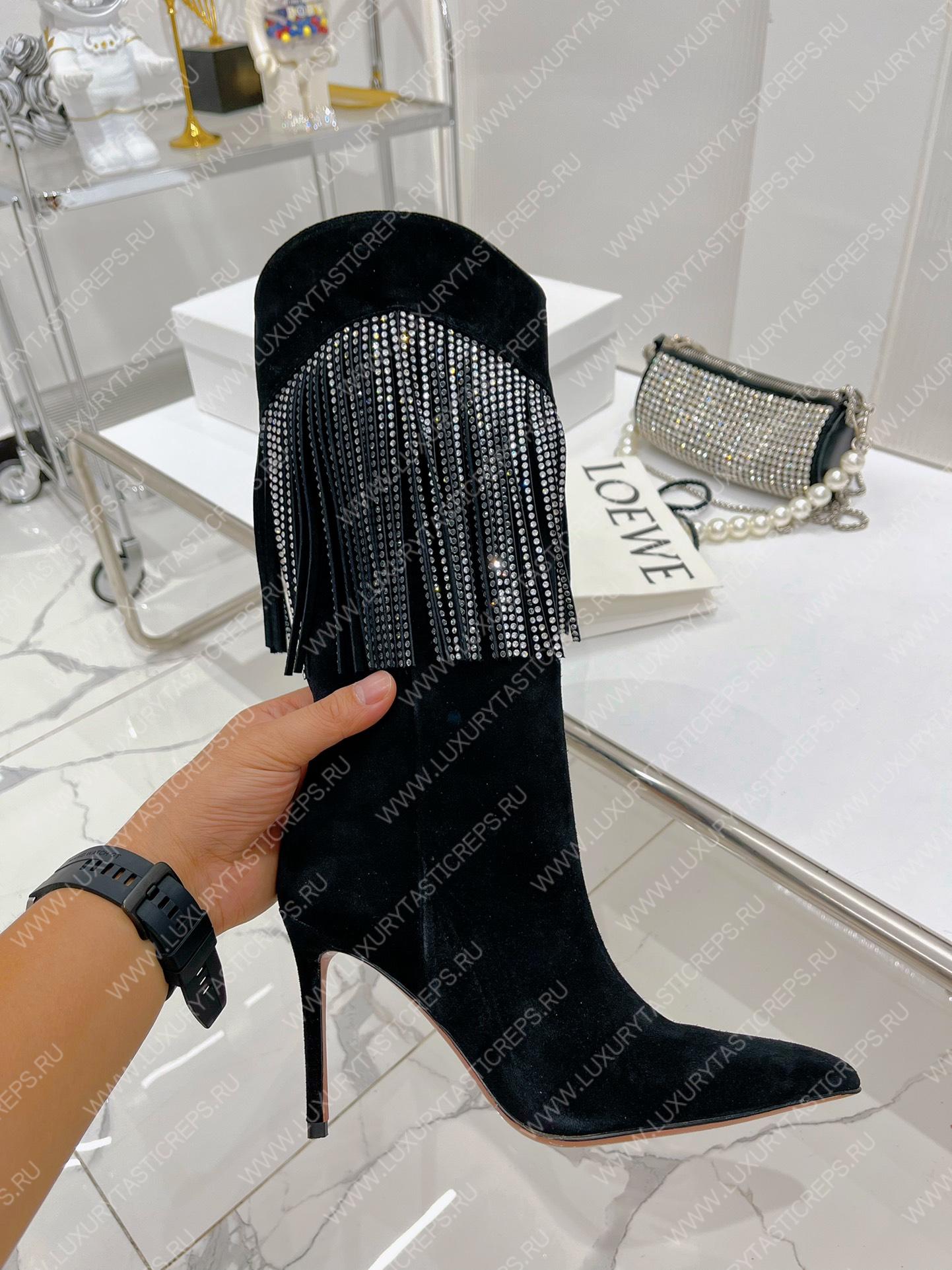 AMINA MUADDI LILY CRYSTAL-FRINGE CALF BOOTS BLACK AM5020