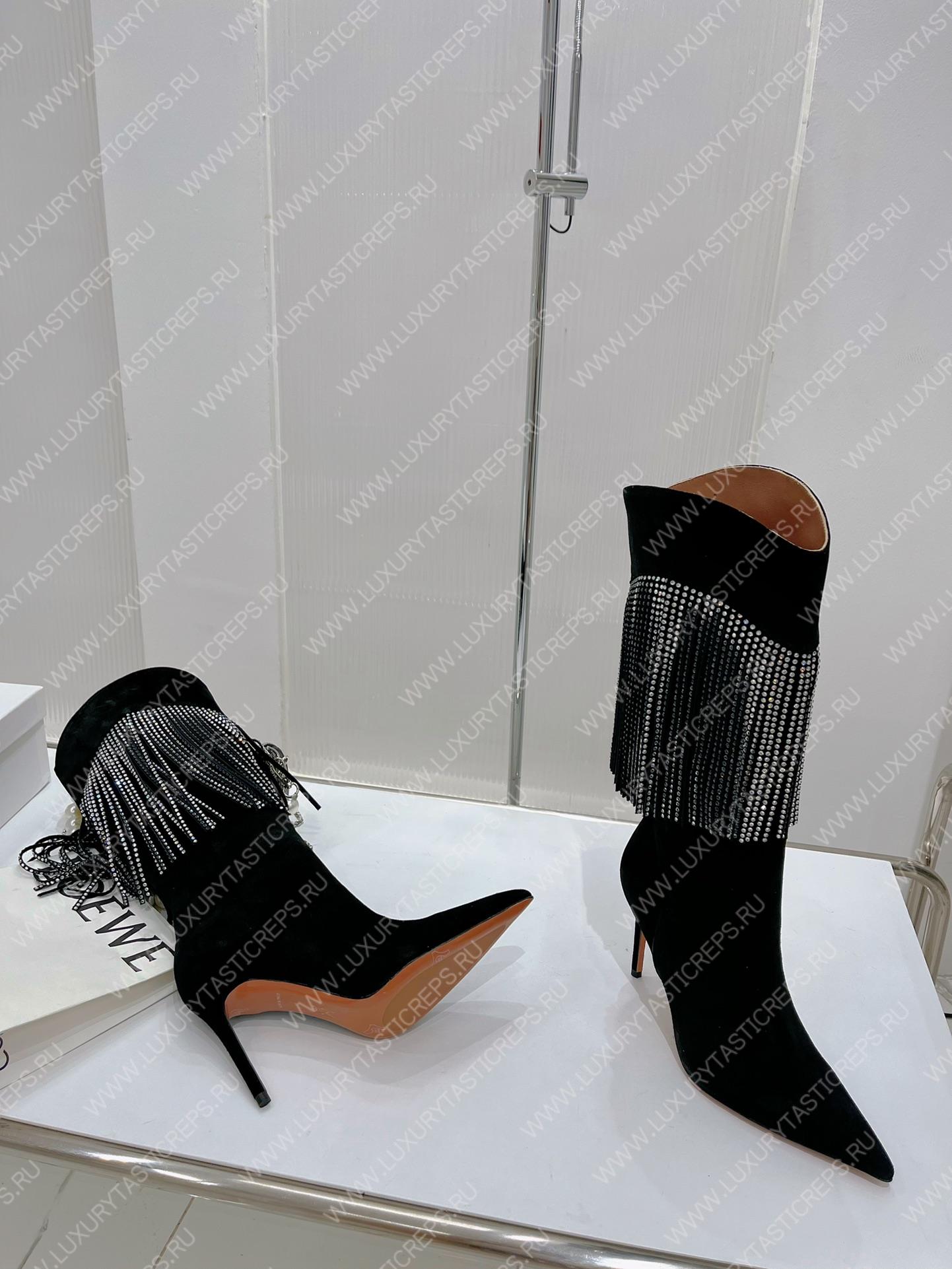 AMINA MUADDI LILY CRYSTAL-FRINGE CALF BOOTS BLACK AM5020