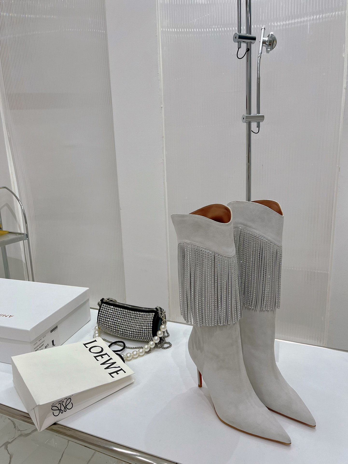AMINA MUADDI LILY CRYSTAL-FRINGE CALF BOOTS WHITE AM5020