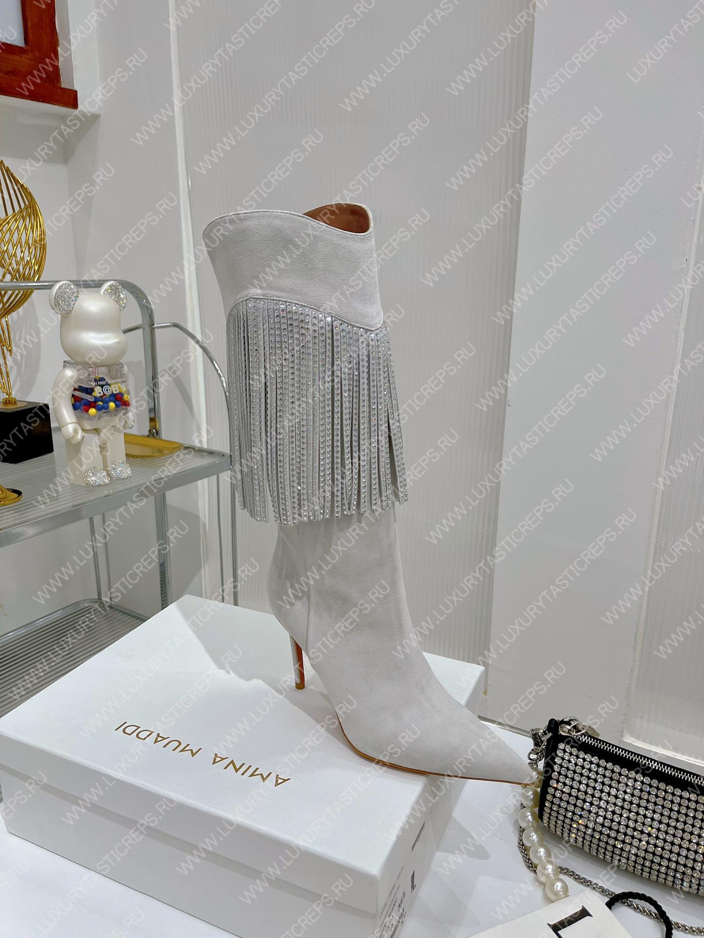 AMINA MUADDI LILY CRYSTAL-FRINGE CALF BOOTS WHITE AM5020