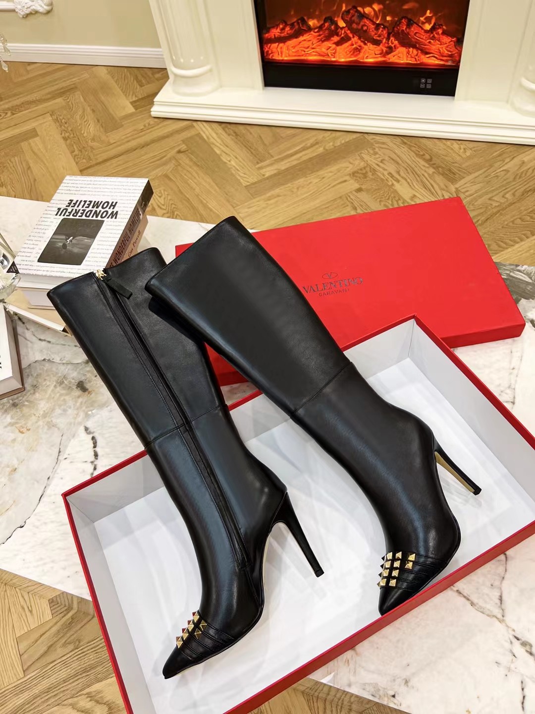 VALENTINO SHINY STUD TALL BOOTS BLACK 212807F115004