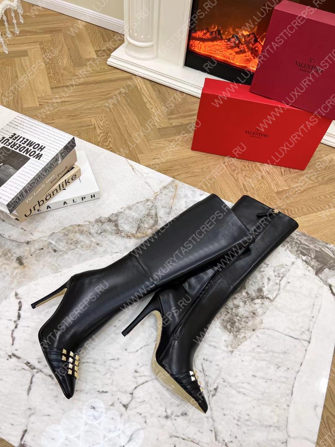 VALENTINO SHINY STUD TALL BOOTS BLACK 212807F115004