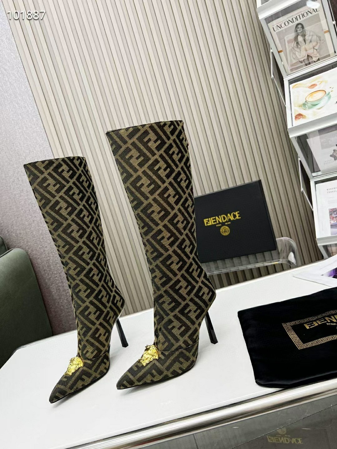 VERSACE FENDACE FF JACQUARD BOOTS LIGHT BROWN 1004496