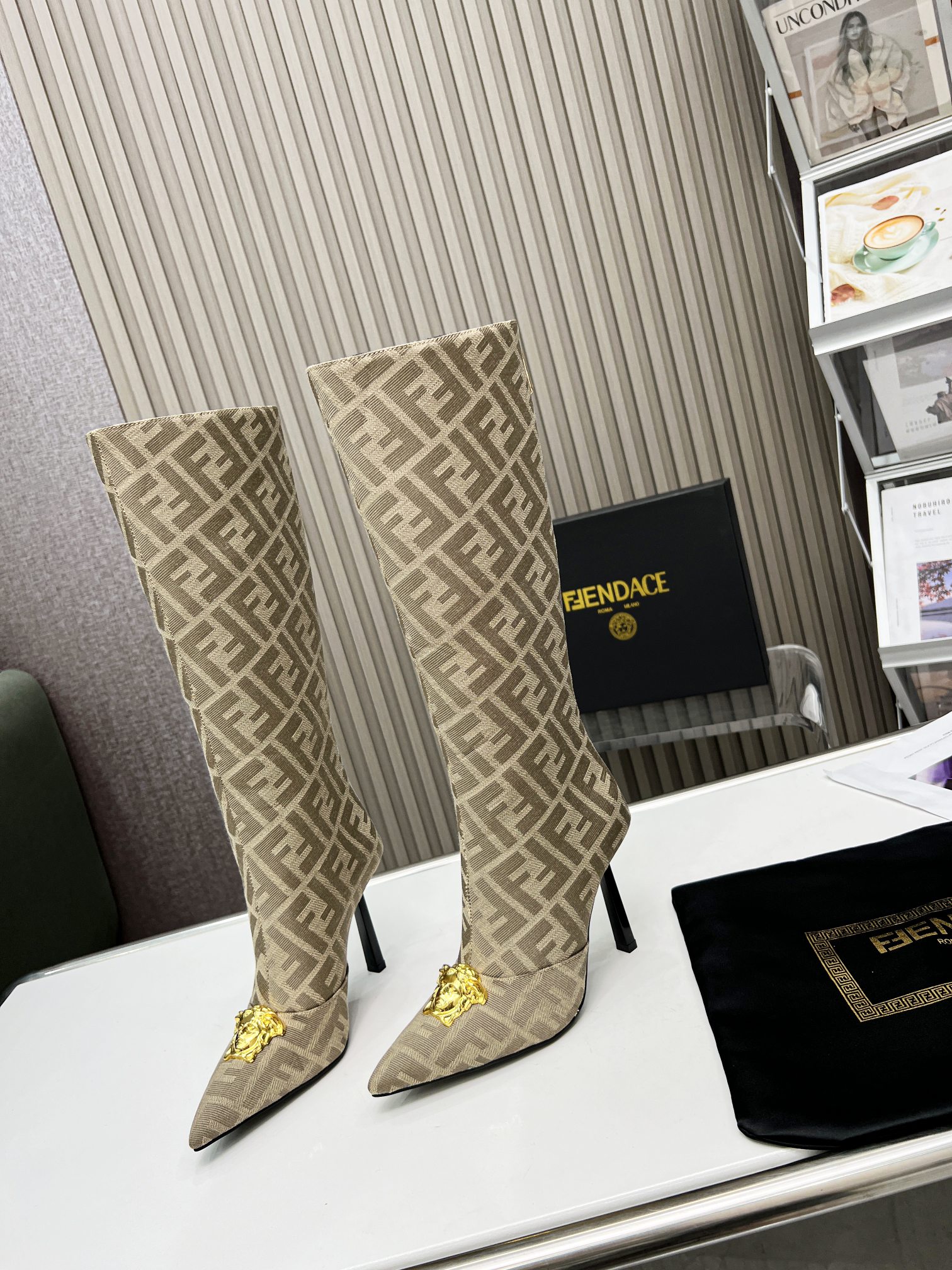 VERSACE FENDACE FF JACQUARD BOOTS BEIGE 1004496