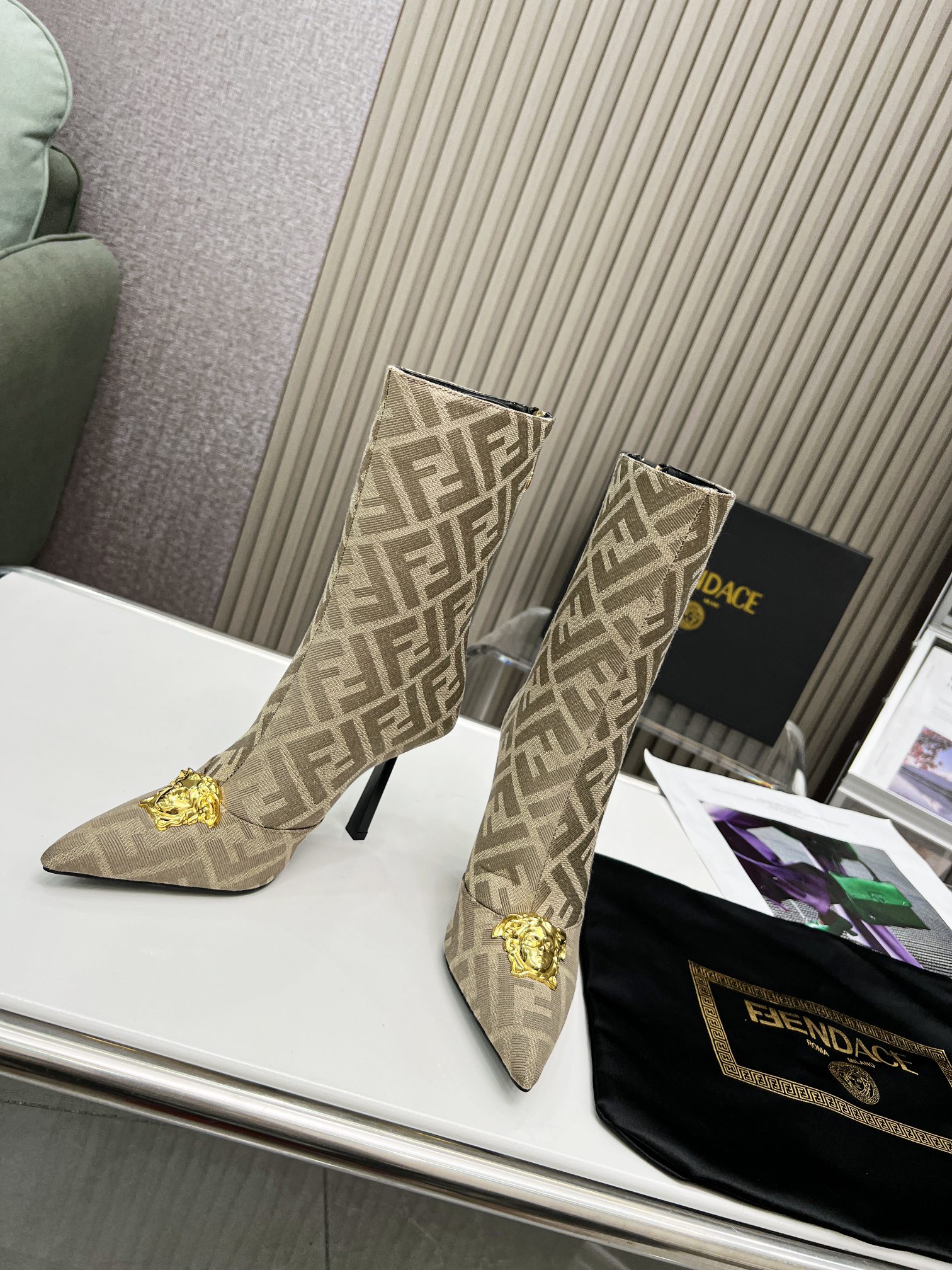 VERSACE FENDACE FF JACQUARD BOOTS DESERT BEIGE 1004496