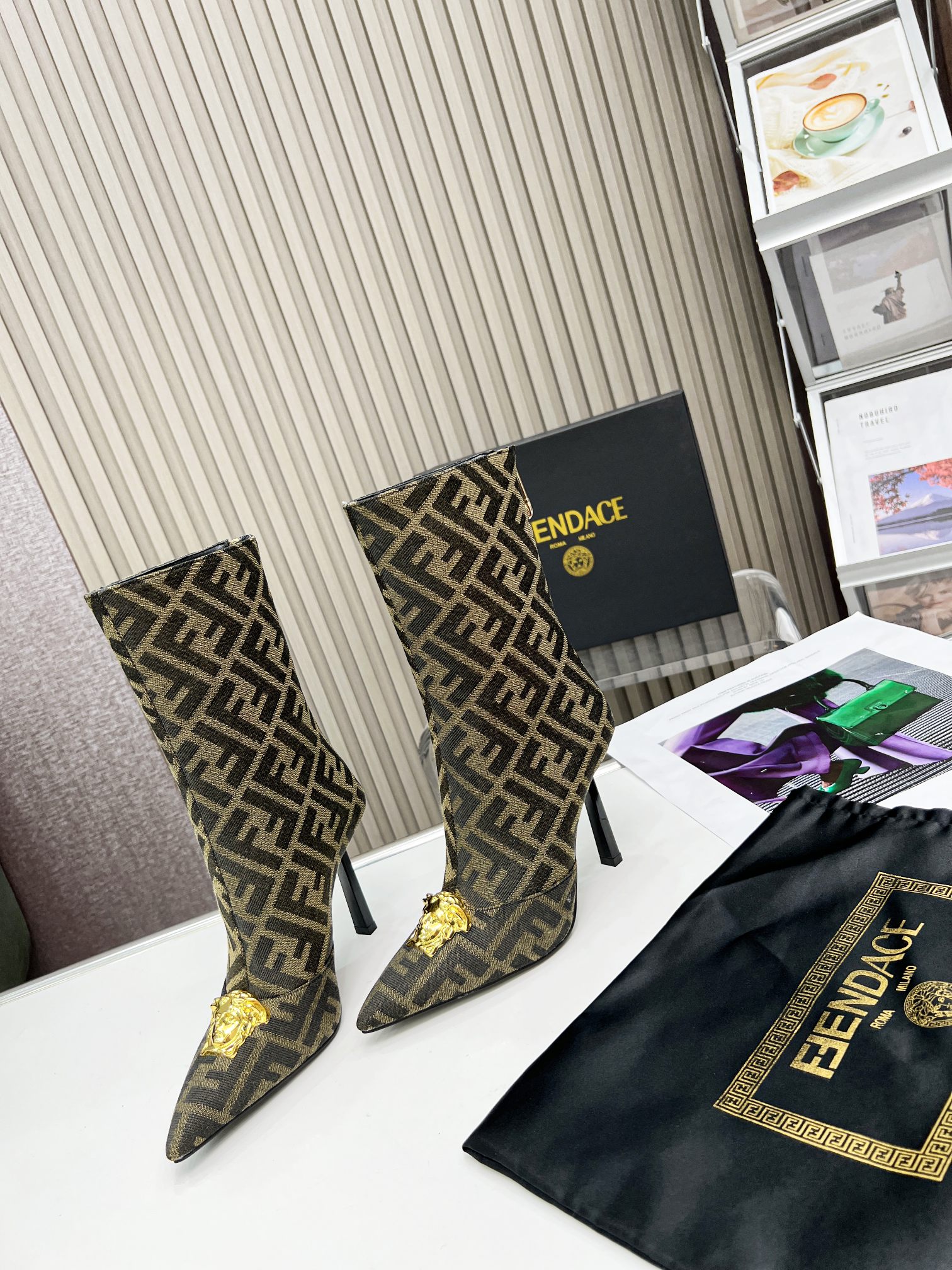 VERSACE FENDACE FF JACQUARD BOOTS BEIGE AND BROWN 1004496
