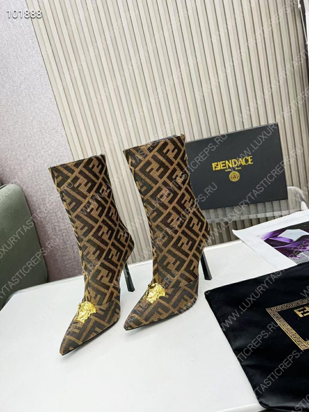 VERSACE FENDACE FF JACQUARD ANKLE BOOTS BROWN 1004496