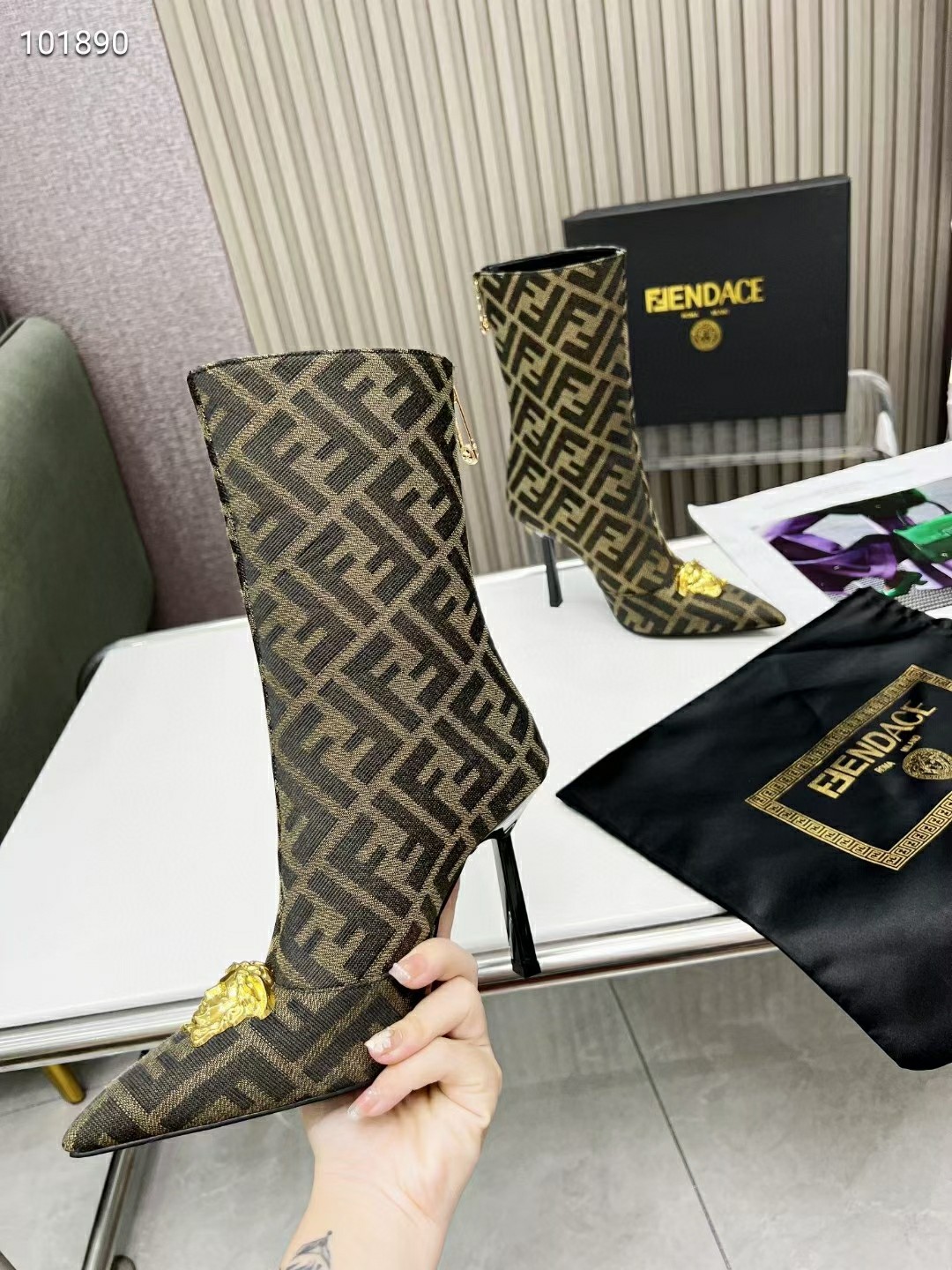 VERSACE FENDACE FF JACQUARD ANKLE BOOTS BROWN AND BEIGE 1004496