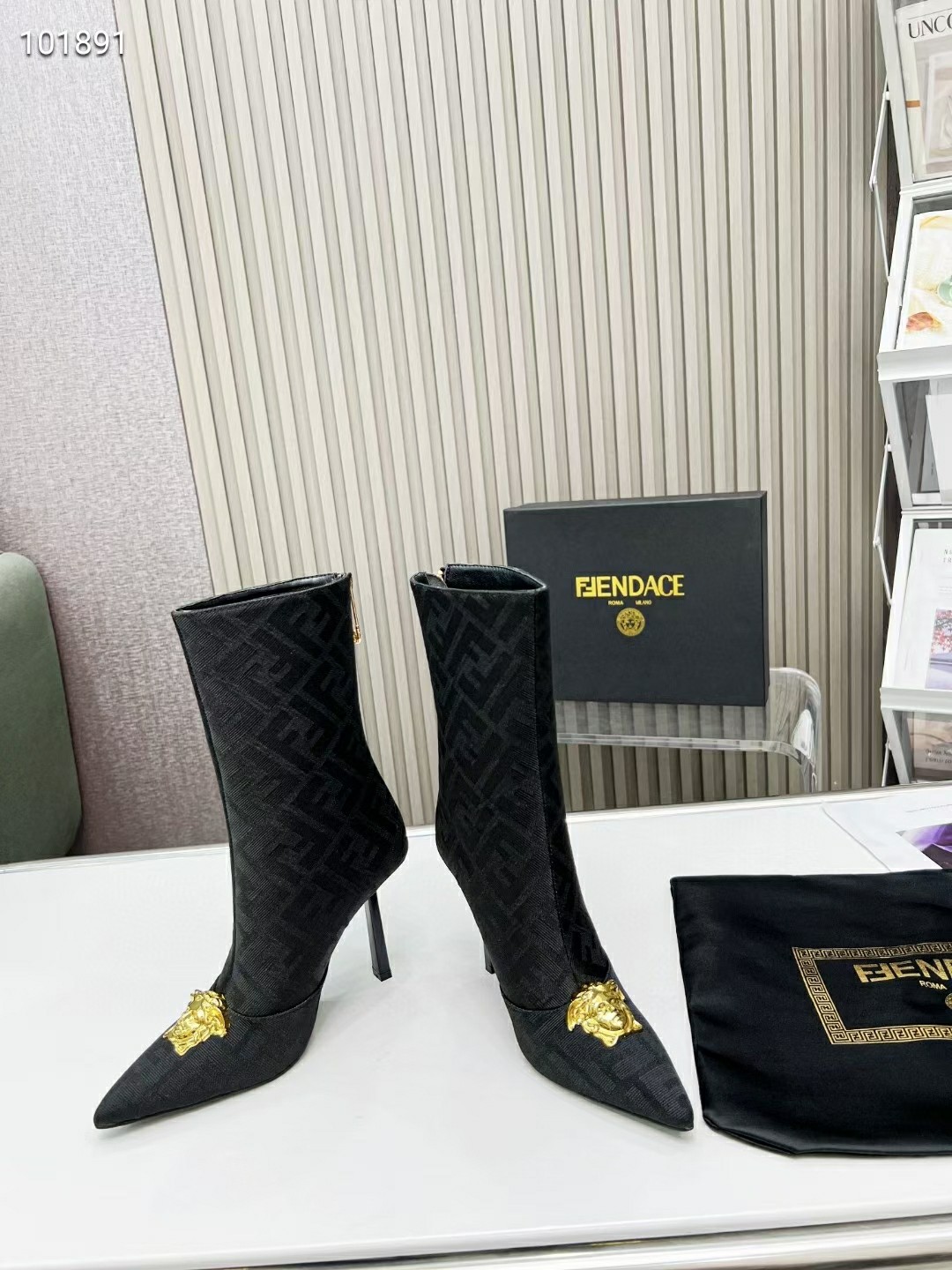 VERSACE FENDACE FF JACQUARD ANKLE BOOTS BLACK 1004496