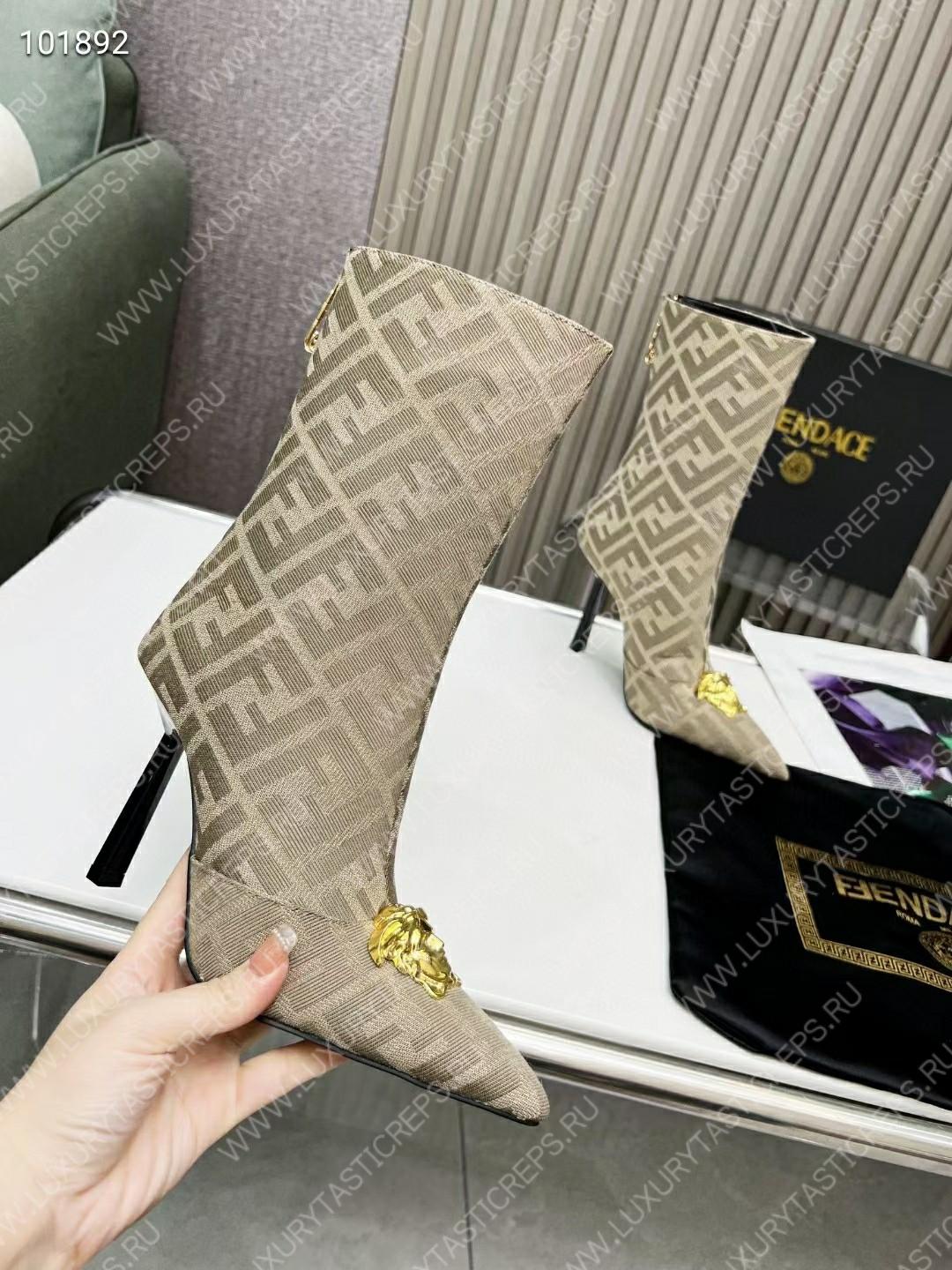 VERSACE FENDACE FF JACQUARD ANKLE BOOTS BEIGE 1004496