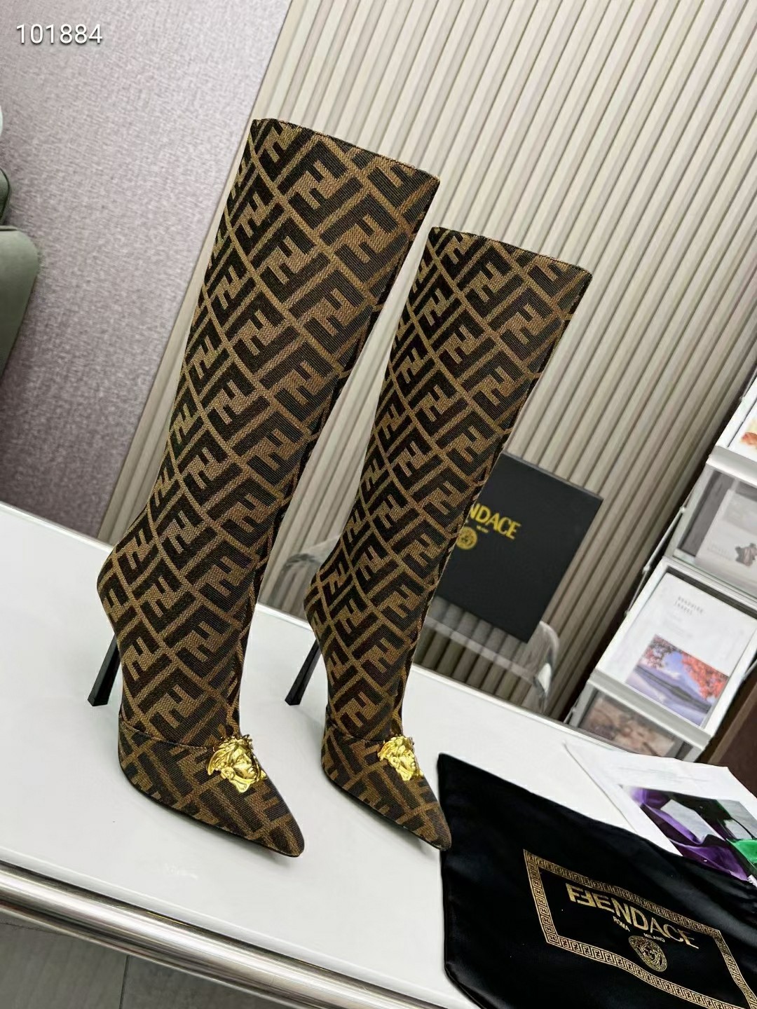 VERSACE FENDACE FF JACQUARD BOOTS DARK BROWN 1004496