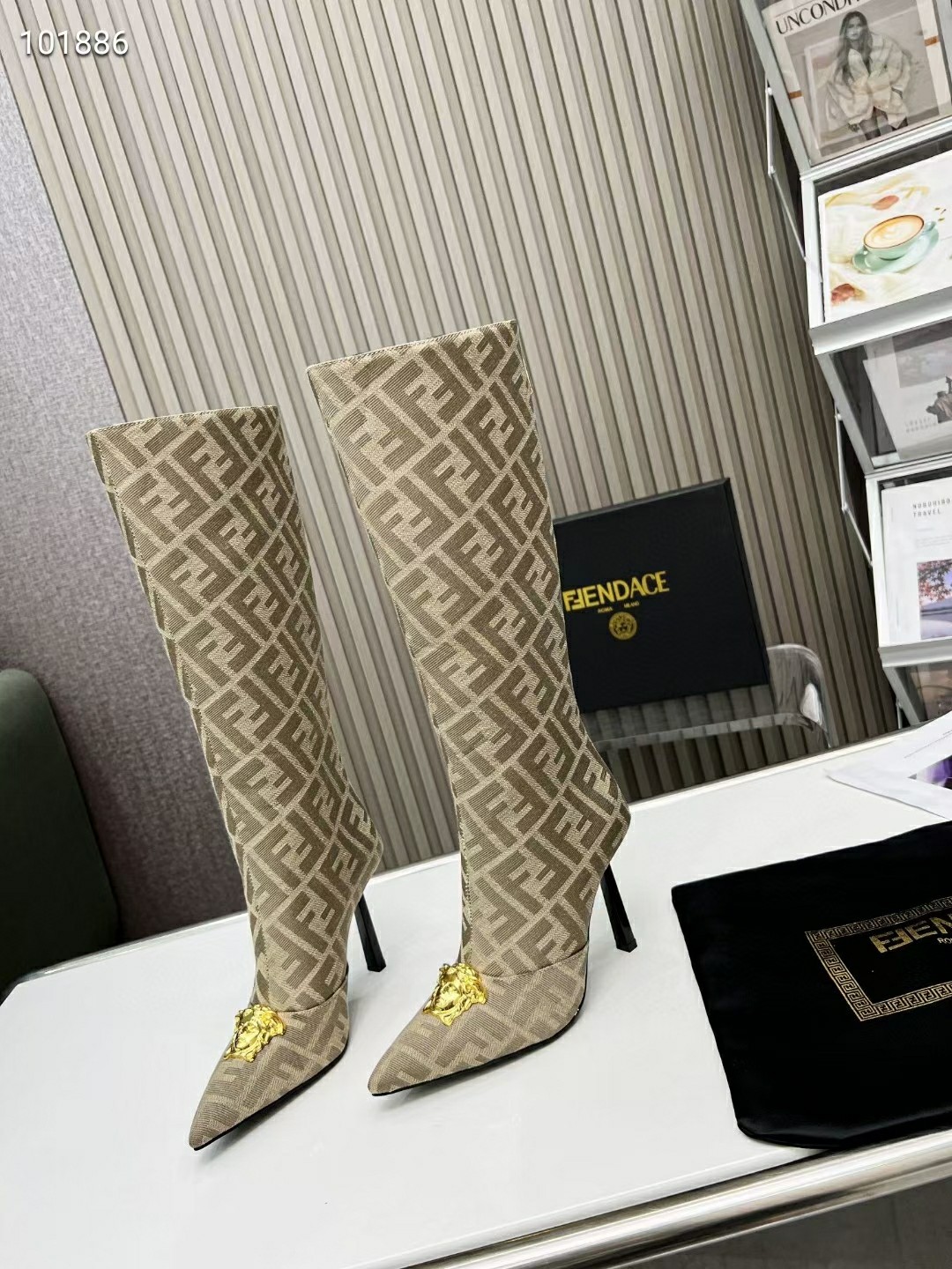 VERSACE FENDACE FF JACQUARD BOOTS BEIGE 1004496