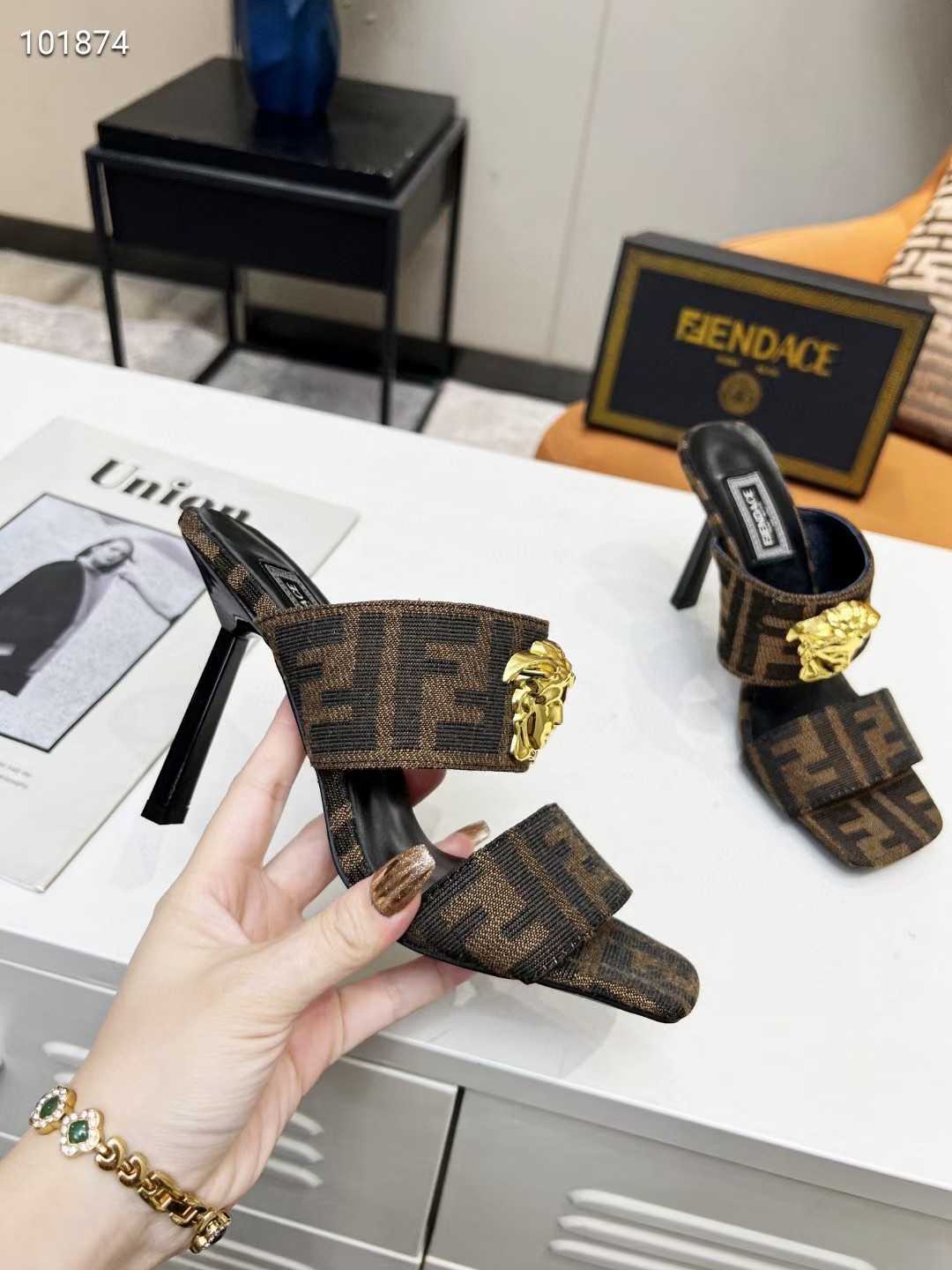 VERSACE FENDACE FF JACQUARD MULES BROWN 1005157
