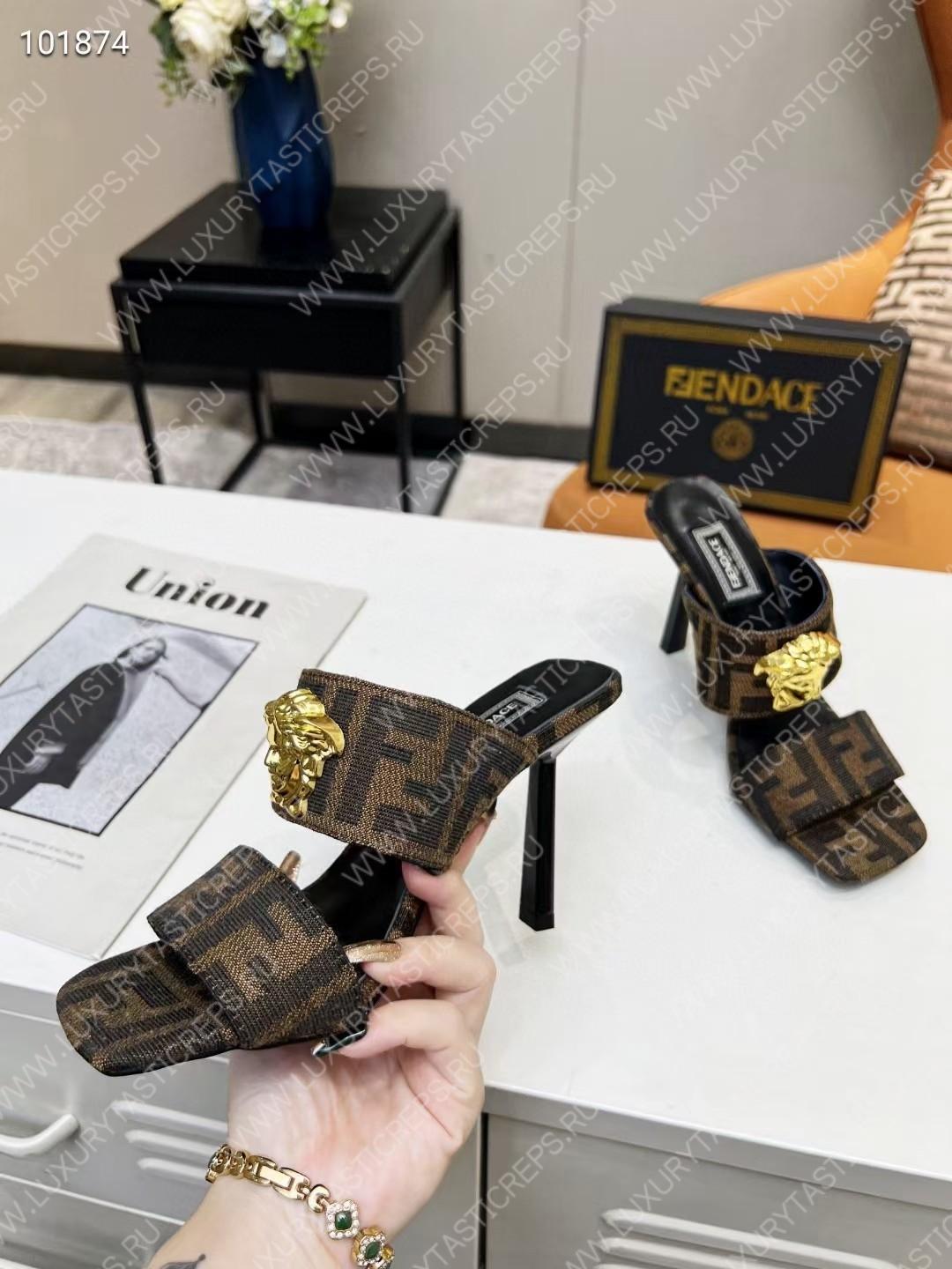 VERSACE FENDACE FF JACQUARD MULES BROWN 1005157