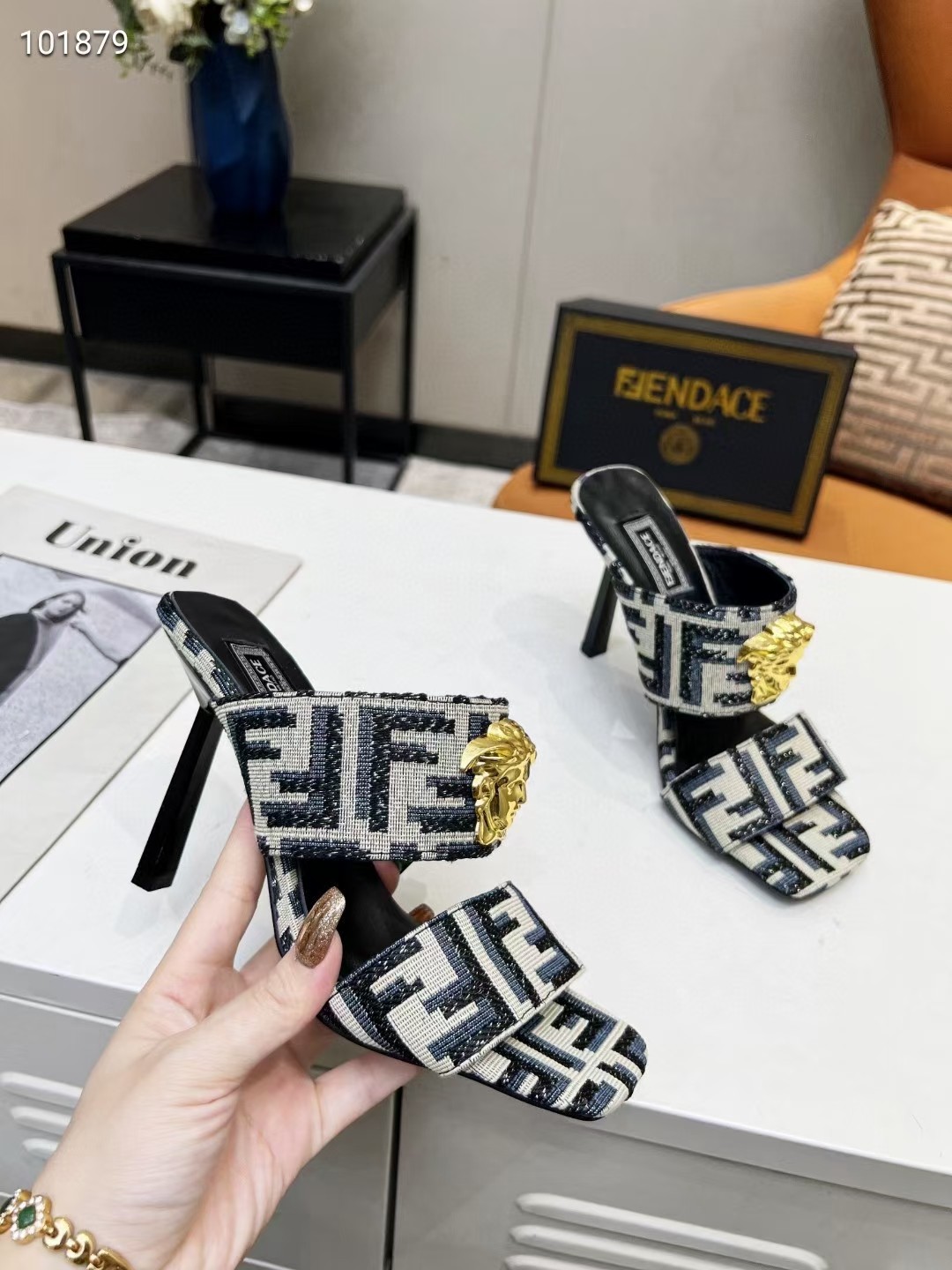 VERSACE FENDACE FF JACQUARD MULES BEIGE AND BLACK 1005157