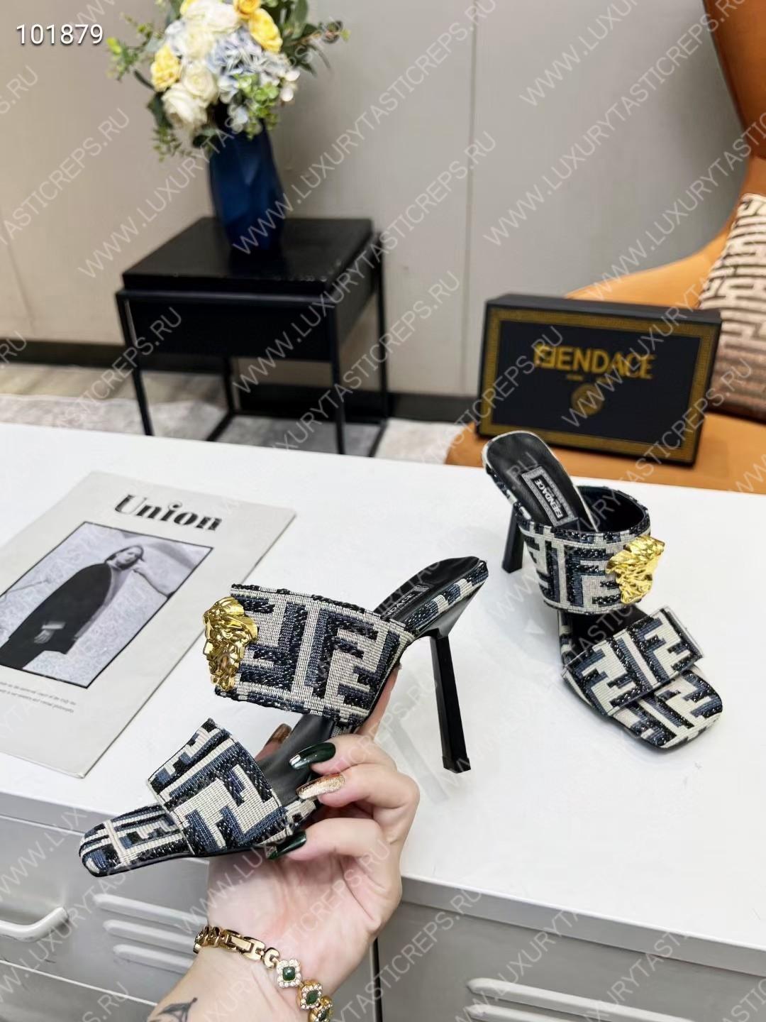 VERSACE FENDACE FF JACQUARD MULES BEIGE AND BLACK 1005157