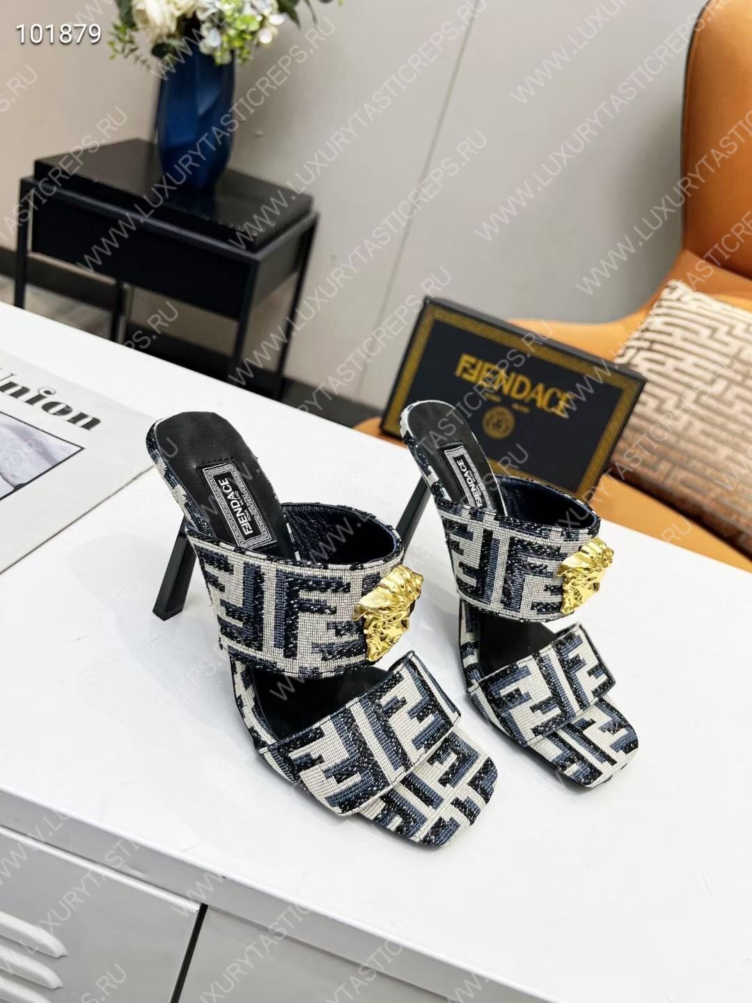 VERSACE FENDACE FF JACQUARD MULES BEIGE AND BLACK 1005157