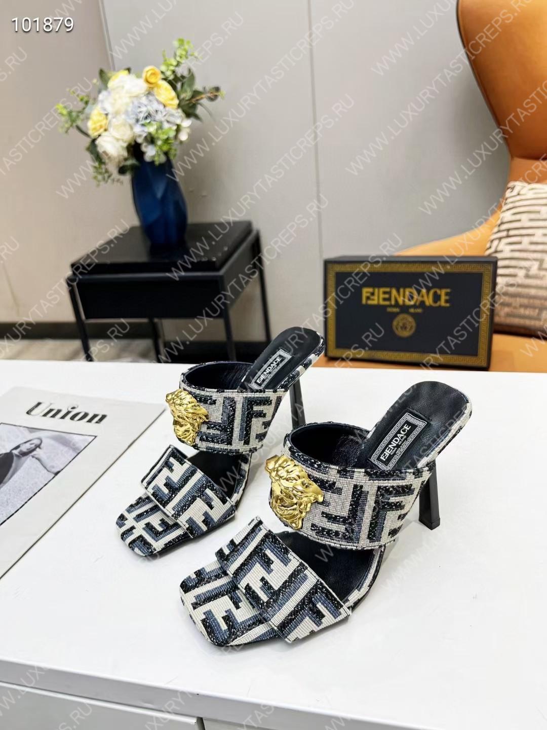VERSACE FENDACE FF JACQUARD MULES BEIGE AND BLACK 1005157
