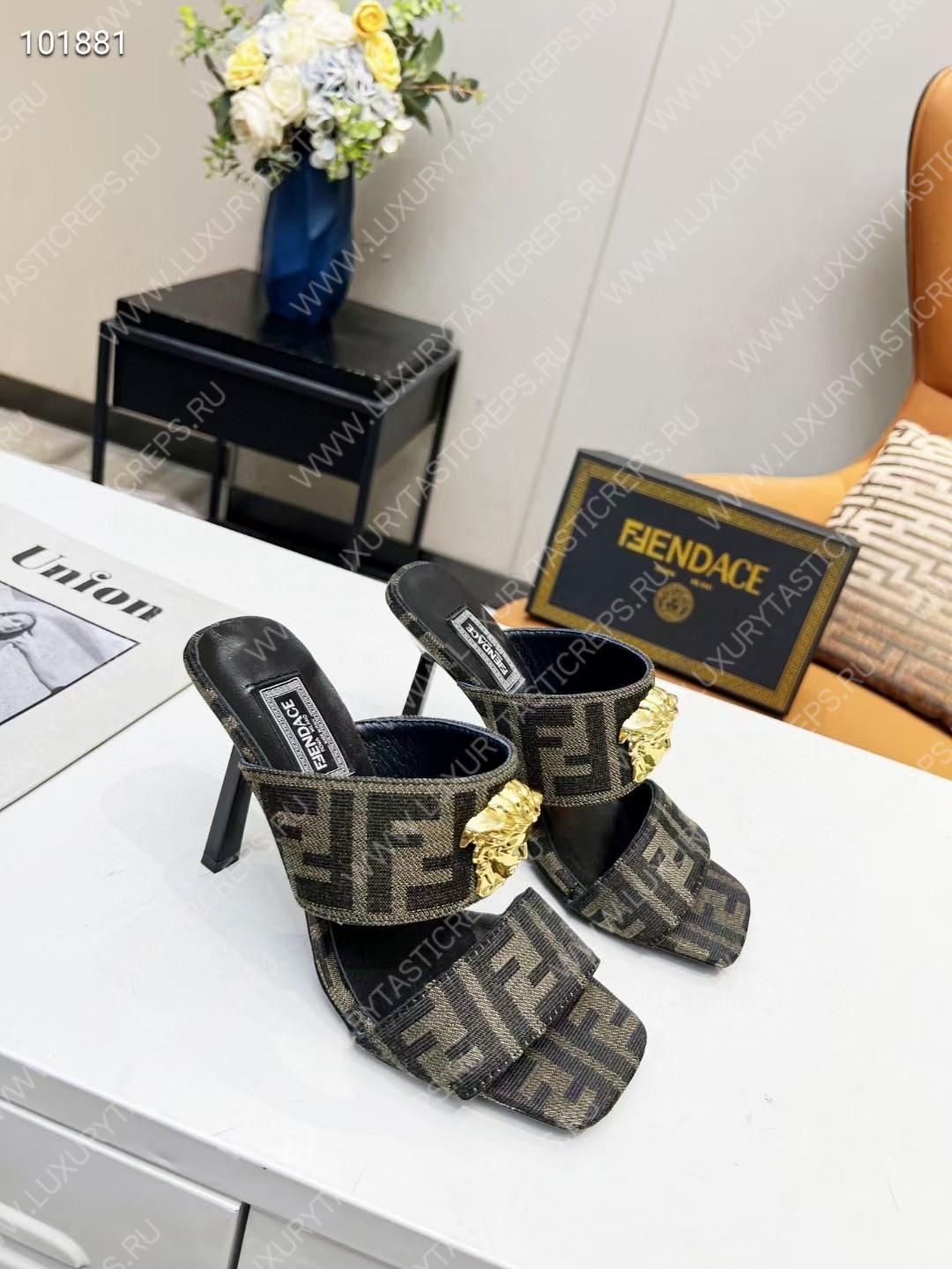VERSACE FENDACE FF JACQUARD MULES LIGHT BROWN 1005157