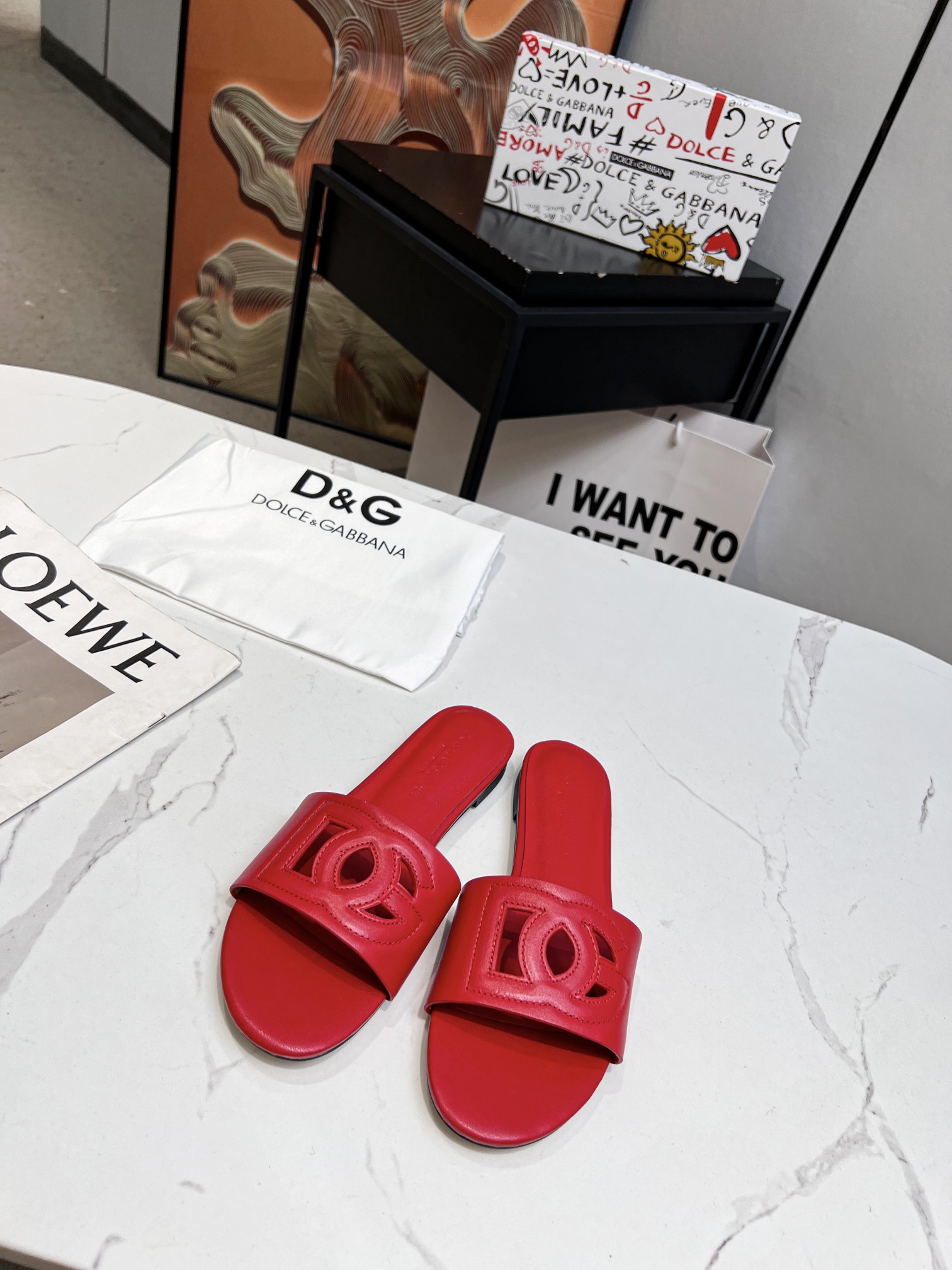 DOLCE & GABBANA CALFSKIN SLIDERS WITH DG LOGO RED CQ0436AY