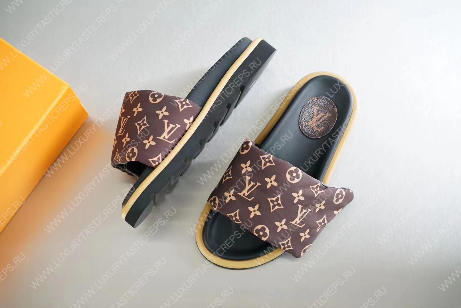 l**is V*t*n pool pillow flat comfort mules cocoa brown 261374