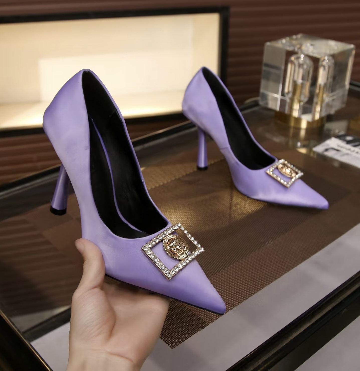 VERSACE SATIN LA MEDUSA PUMPS 110 PURPLE 1001207