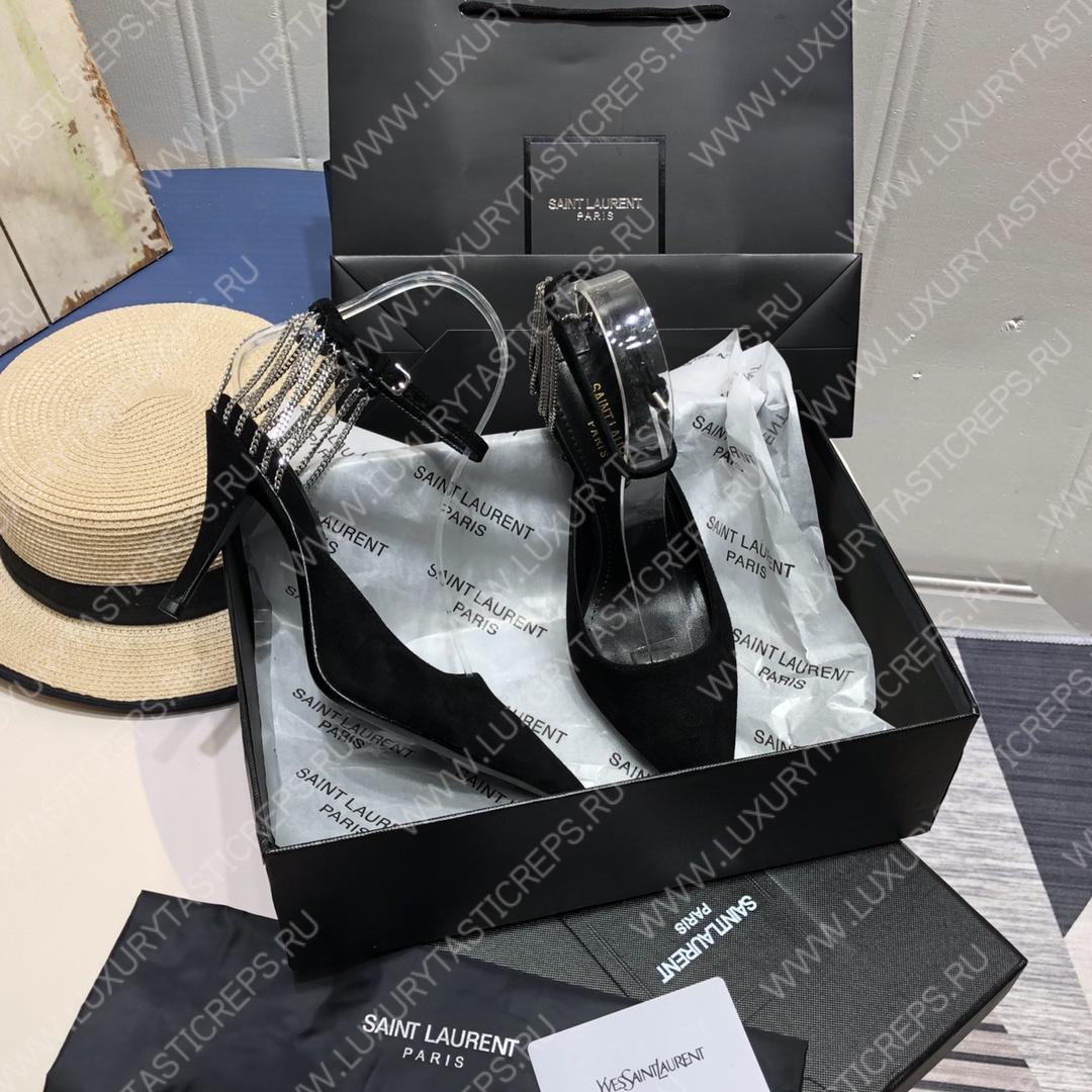 YVES SAINT LAURENT CRYSTAL CHAIN-TRIM PUMPS BLACK 7131751TVDD1000