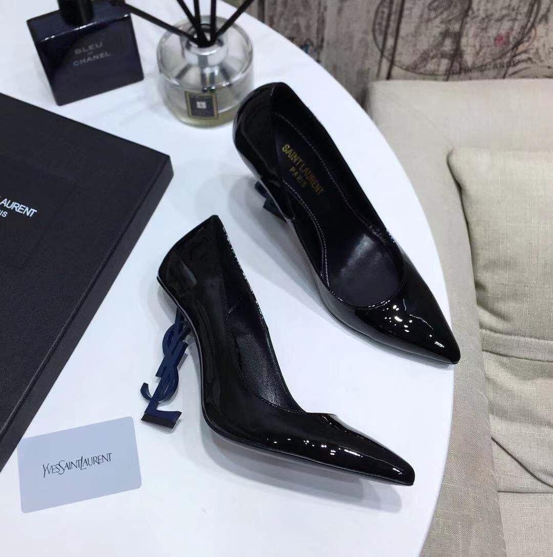 YVES SAINT LAURENT OPYM LOGO HEEL LEATHER PUMPS BLACK AND BLUE 472011D6CVV