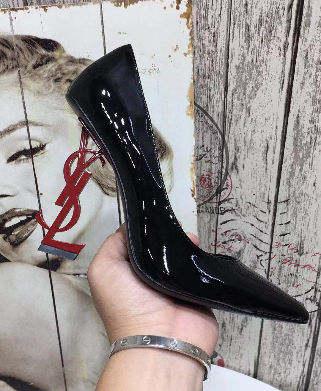 YVES SAINT LAURENT OPYM LOGO HEEL LEATHER PUMPS BLACK AND RED 472011D6CVV