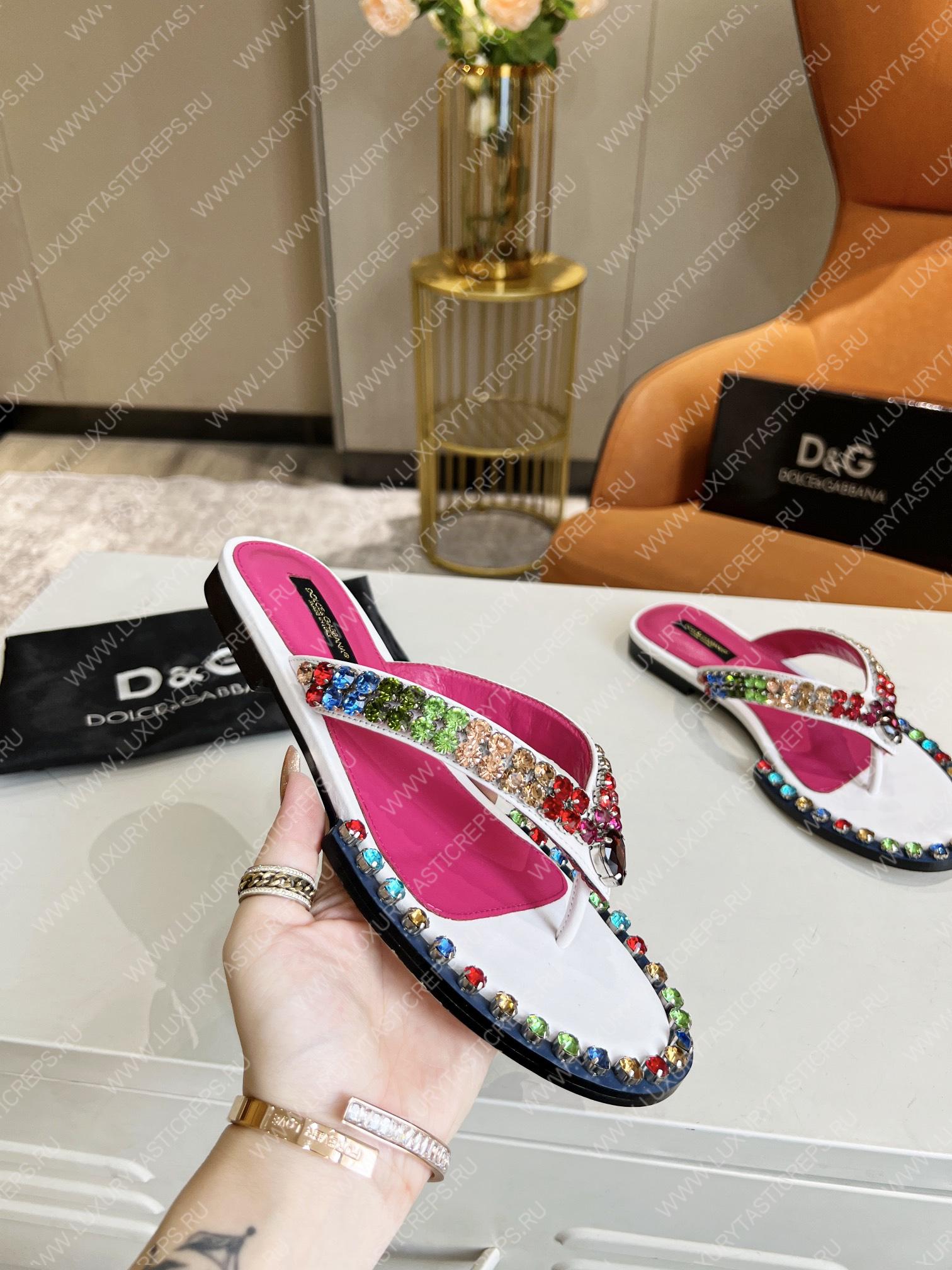 DOLCE AND GABBANA LEATHER FLIP-FLOPS WHITE/MULTICOLOUR A80265AY347