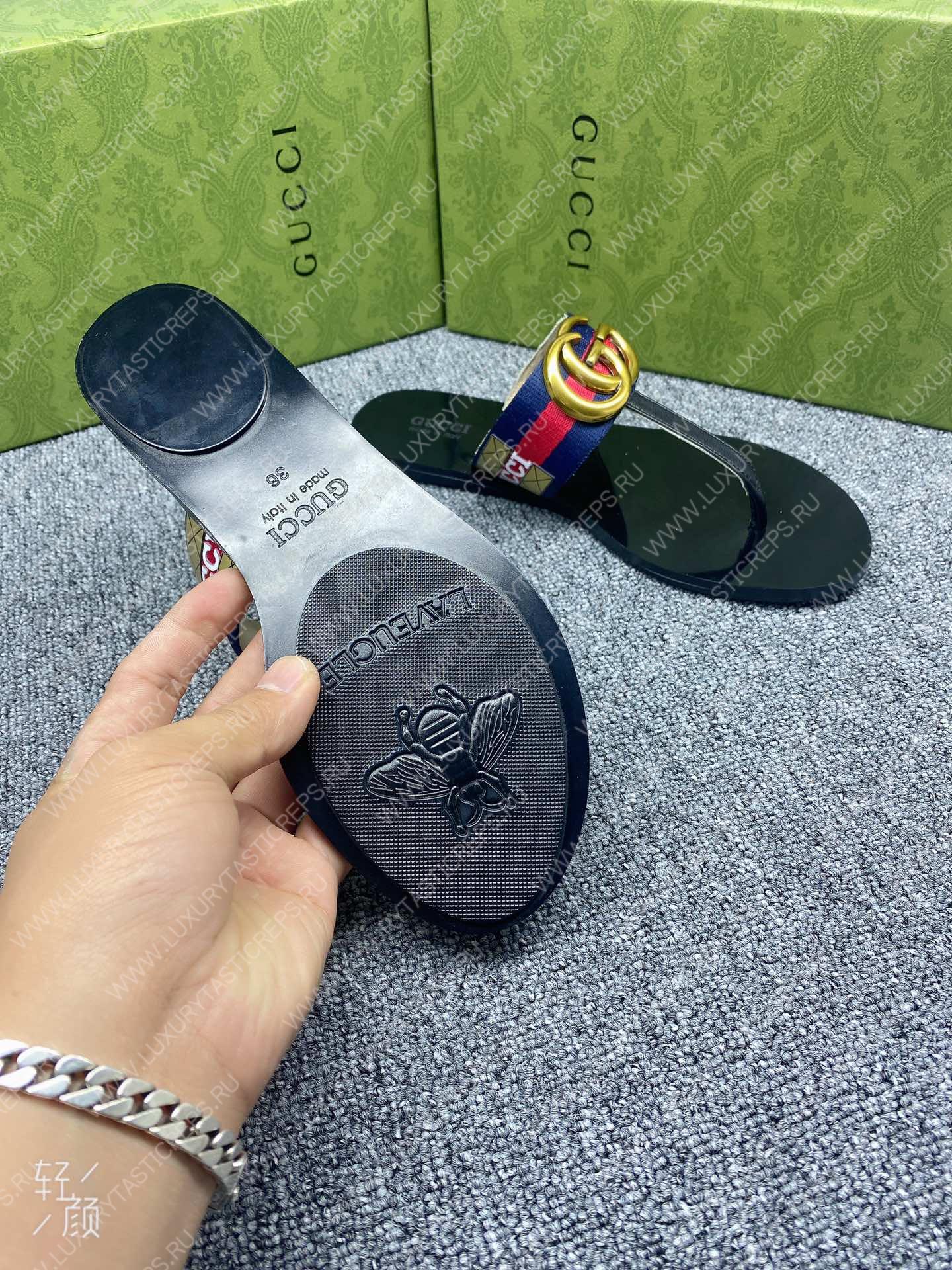G*u*i leather thong sandal with double g green and red 497444