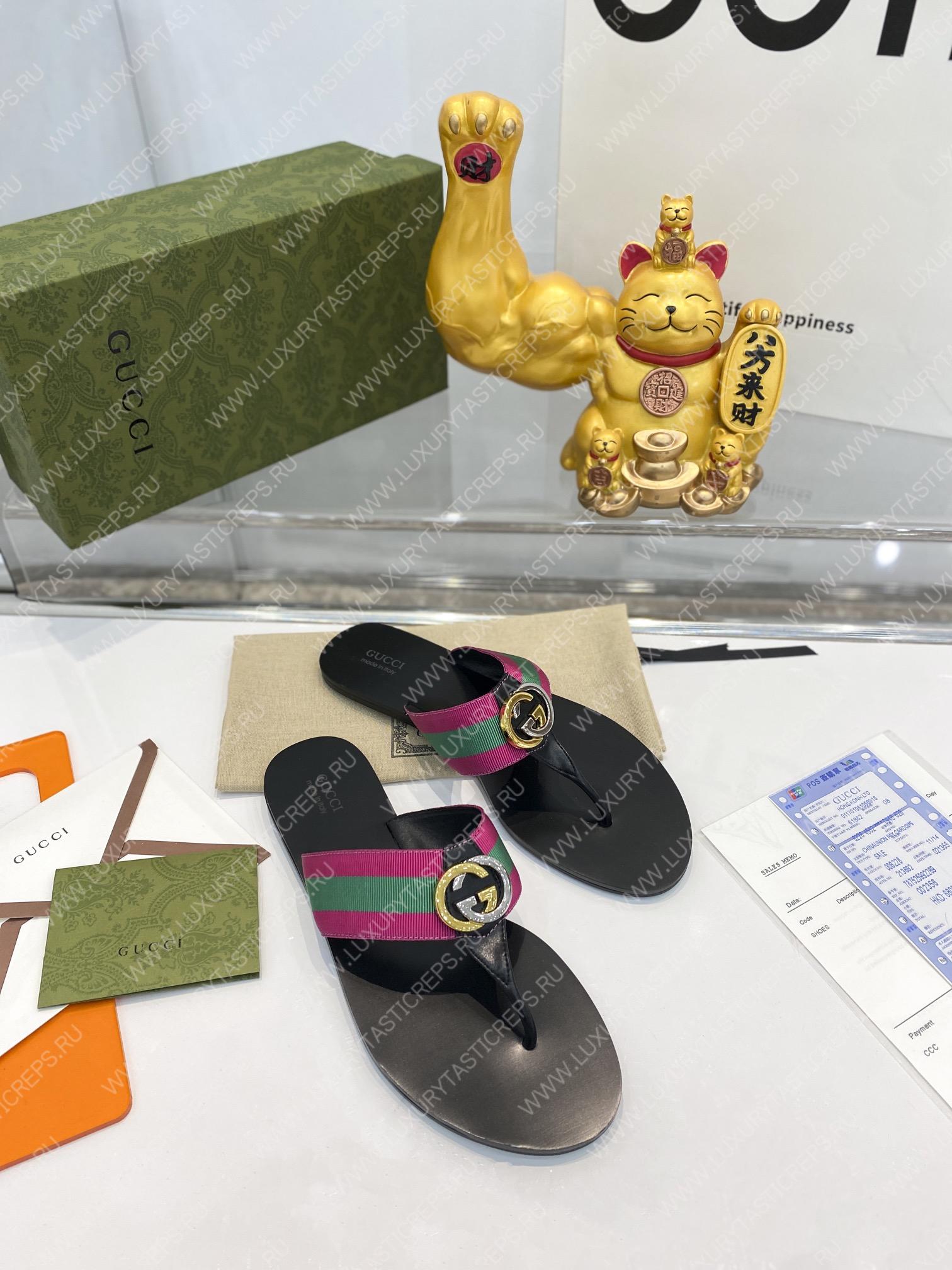 G*u*i leather thong sandal with double g pink and green 497444