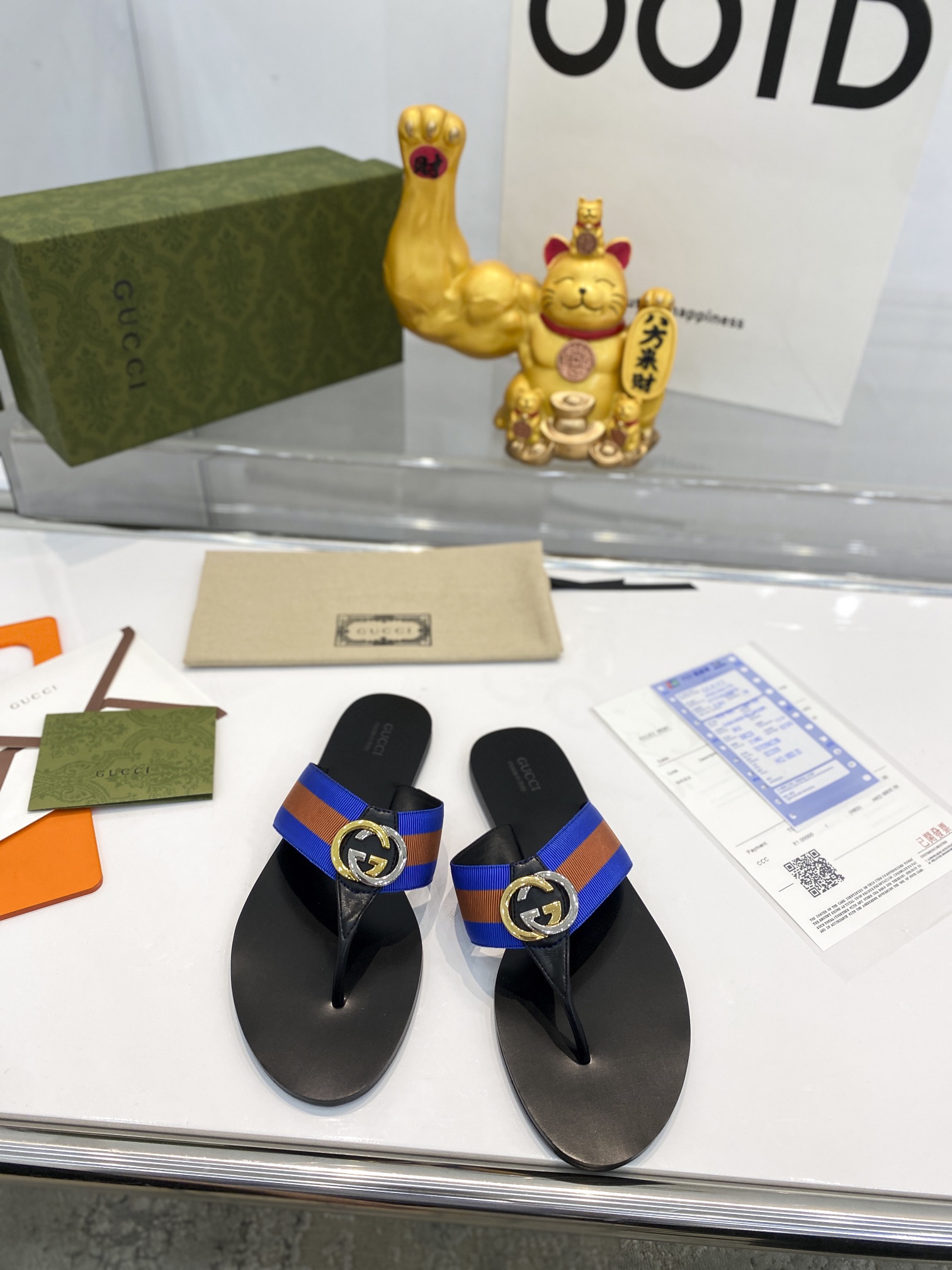 G*u*i leather thong sandal with double g brown and blue 497444