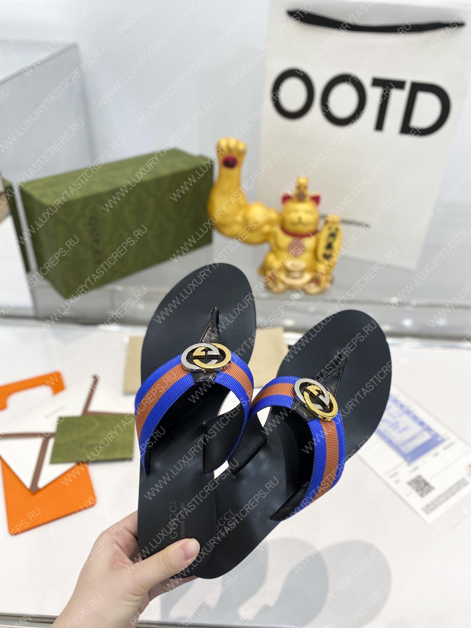 G*u*i leather thong sandal with double g brown and blue 497444
