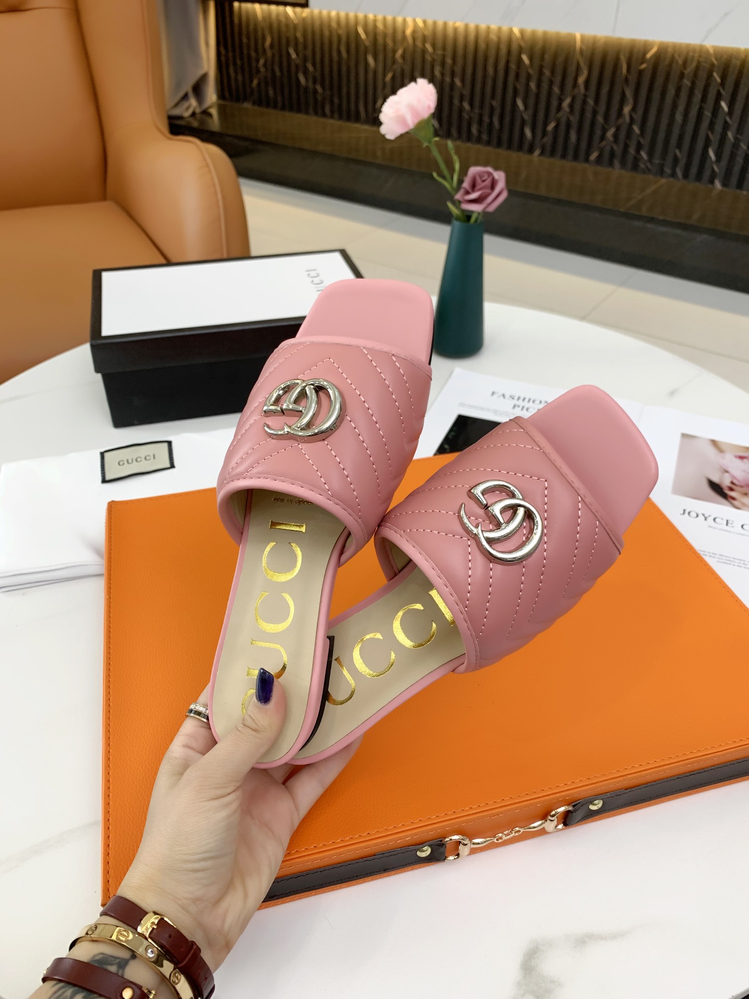 G*u*i double g open toe sandals leather rose pink 15425109