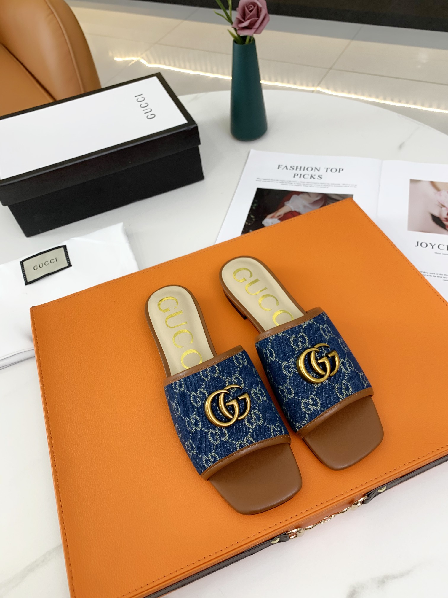 G*u*i double g open toe sandals leather blue/brown 6476302kq50