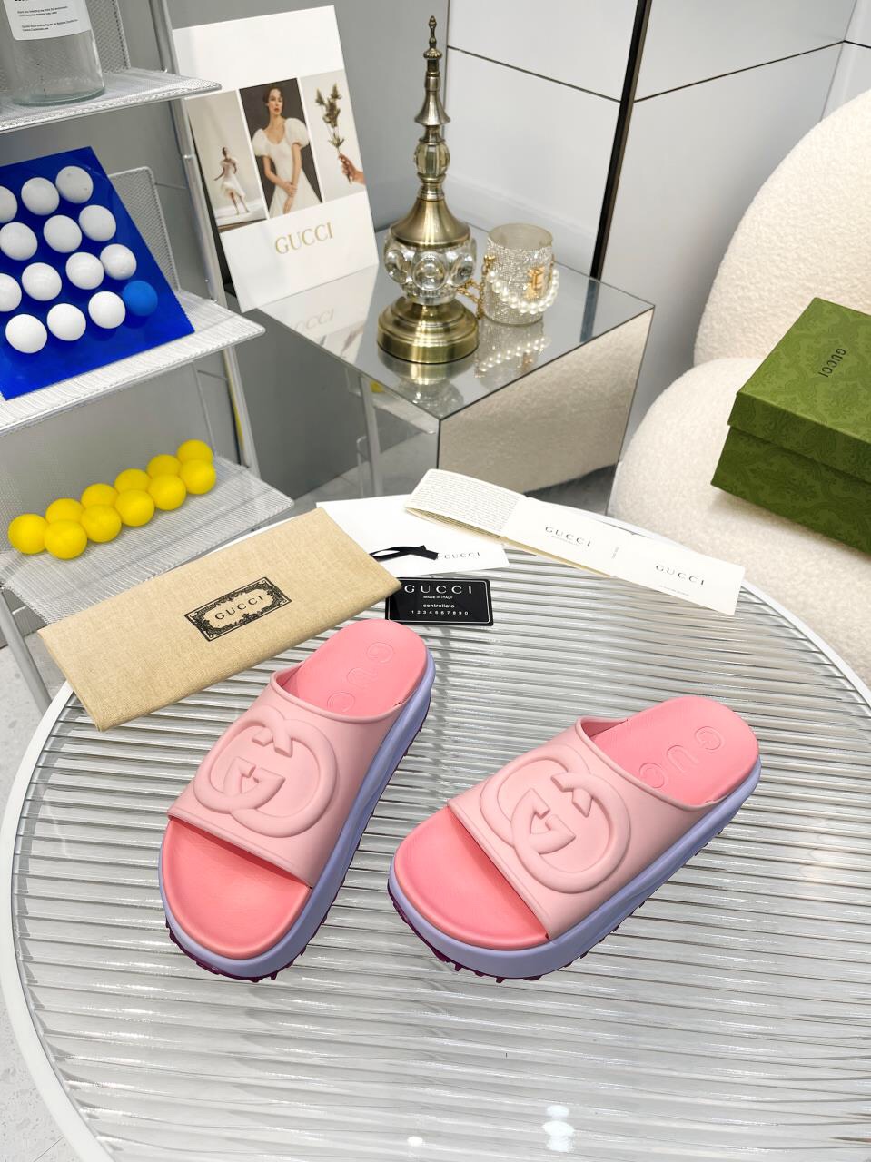 G*u*i slide sandal pink & purple 692845