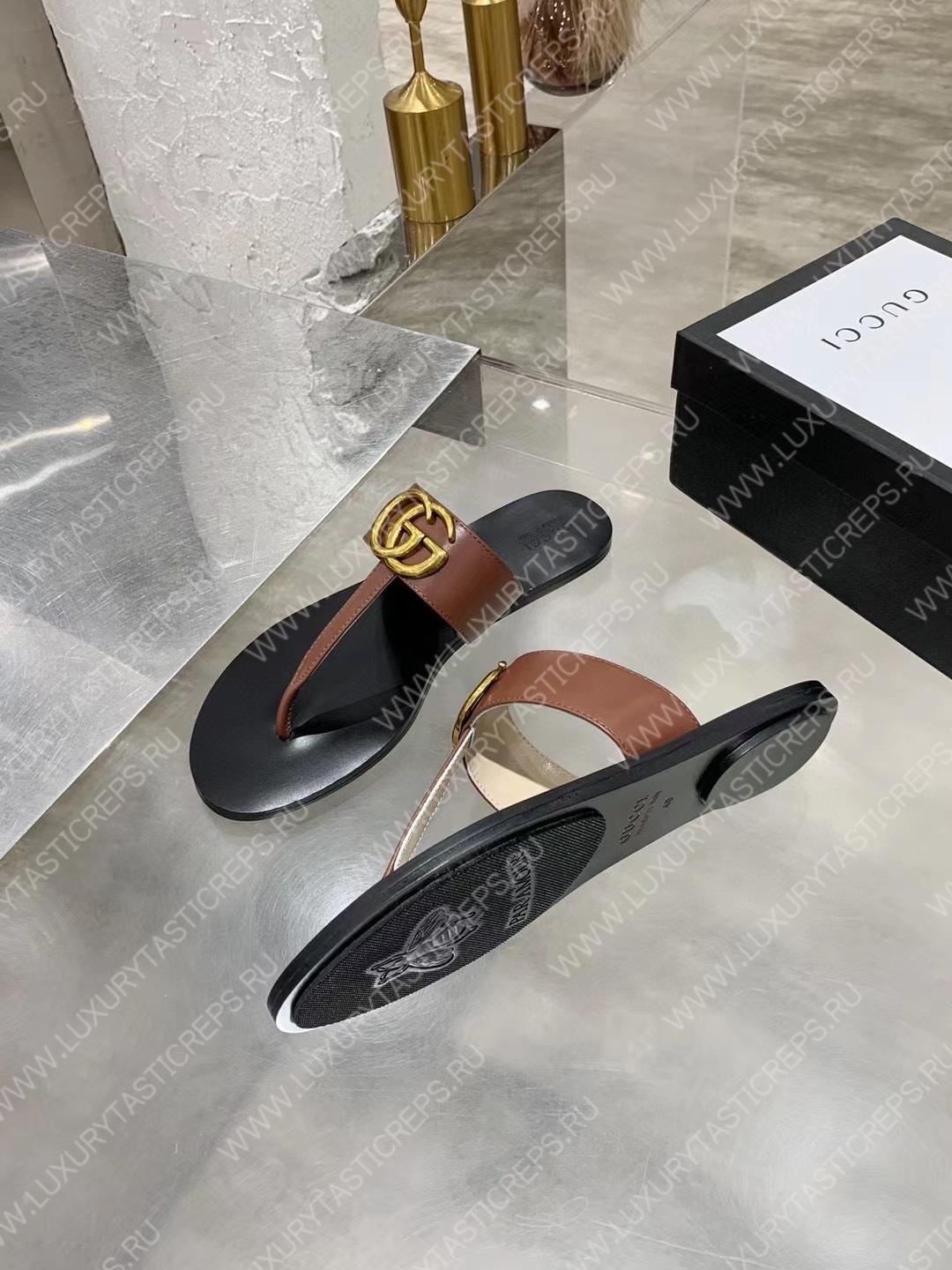 G*u*i leather thong sandal with double g brown 497444