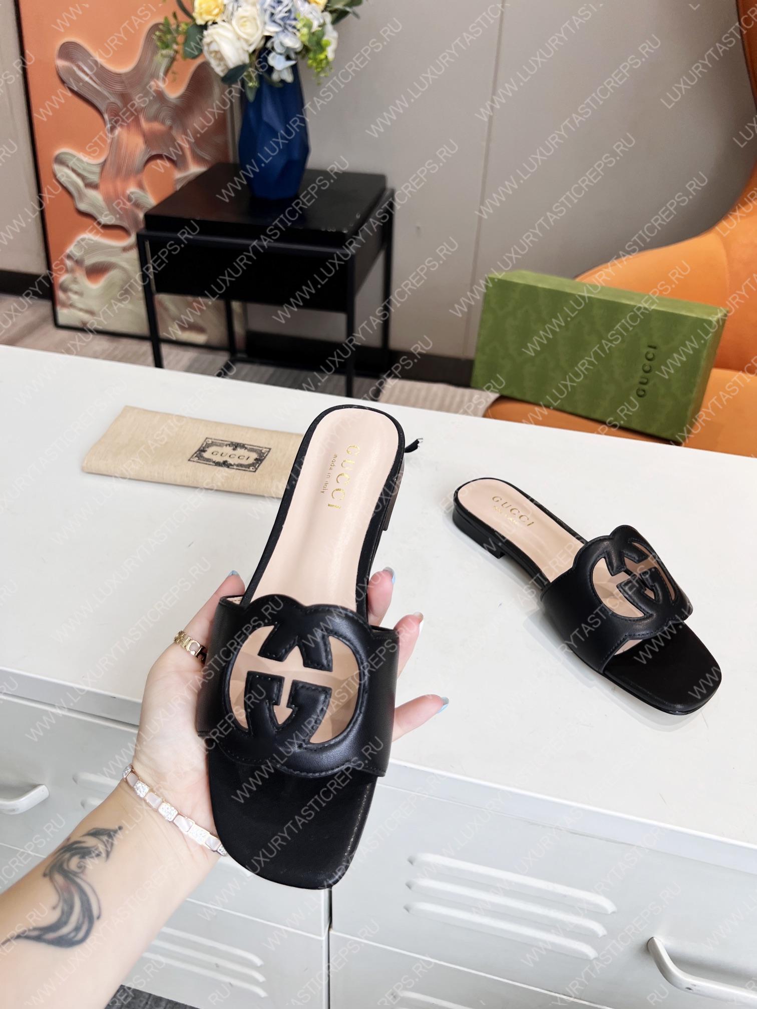 G*u*i interlocking g cut-out slide sandal black 694451